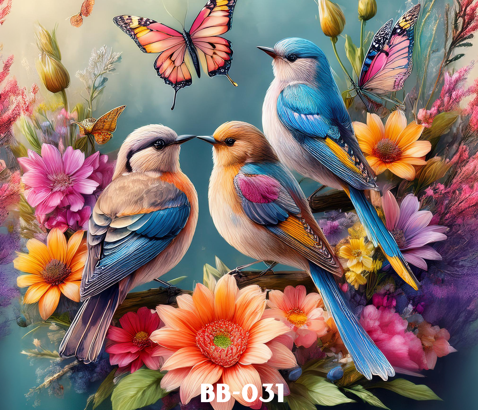 Digital artwork featuring two detailed blue and beige birds surrounded by various colorful flowers and vibrant pink, orange, and yellow butterflies in a lush, bright setting.