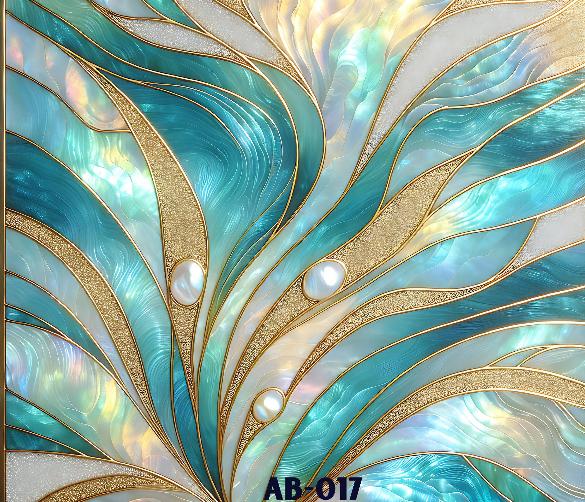 Close-up image of an intricate abstract design with swirling blue, green, gold, and pearl colors, featuring gold lines and pearls, resembling a luxurious decorative pattern. The image includes text at the bottom with the code 'AB-017.'