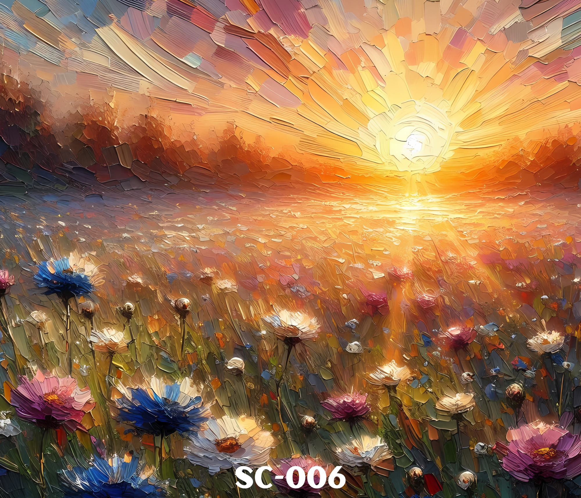 An abstract digital painting of a sunset over a field of flowers with vibrant colors and textured brushstrokes.