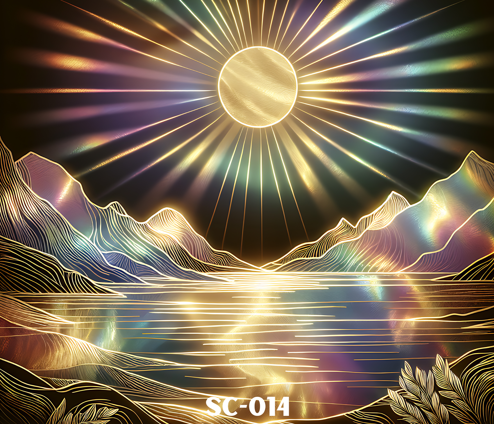 A vibrant digital artwork depicting a radiant golden sun with rays emanating outward, set against a dark background with mountain silhouettes and colorful, abstract, flowing lines and patterns.