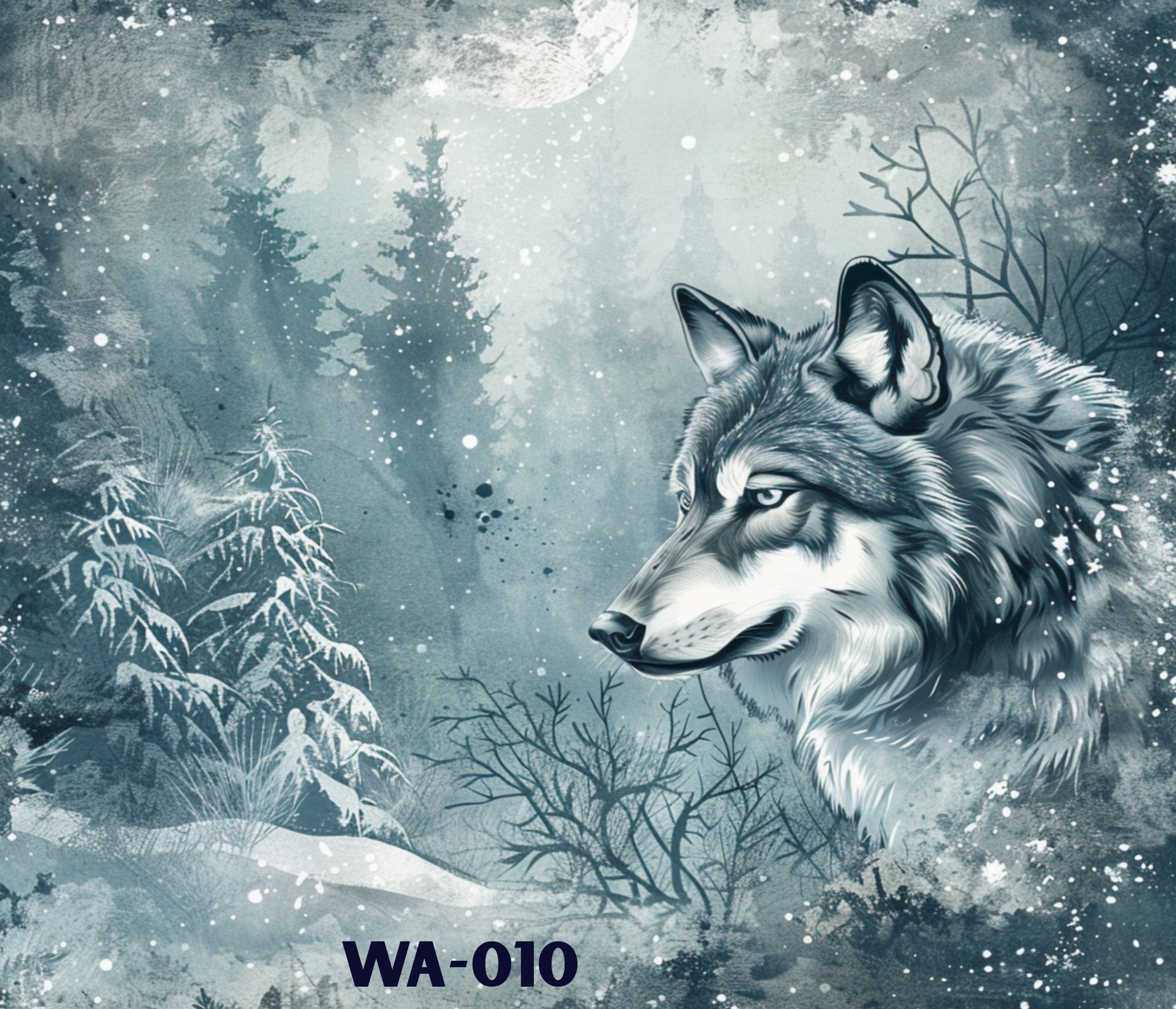 A digital illustration of a wolf in a winter forest with snow, bare trees, evergreen trees, a large moon, and a sky with snowflakes.
