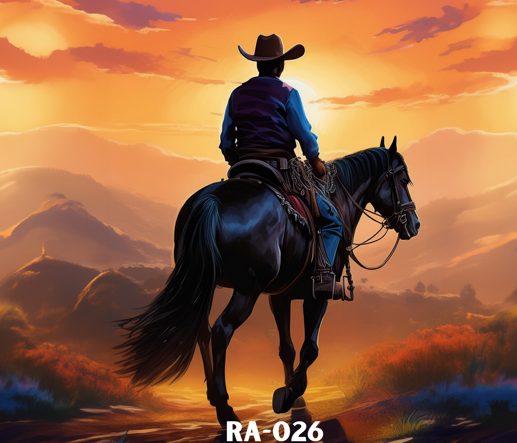 A silhouette of a cowboy riding a horse during a sunset with a vibrant orange and purple sky, clouds, and distant mountains in the background.