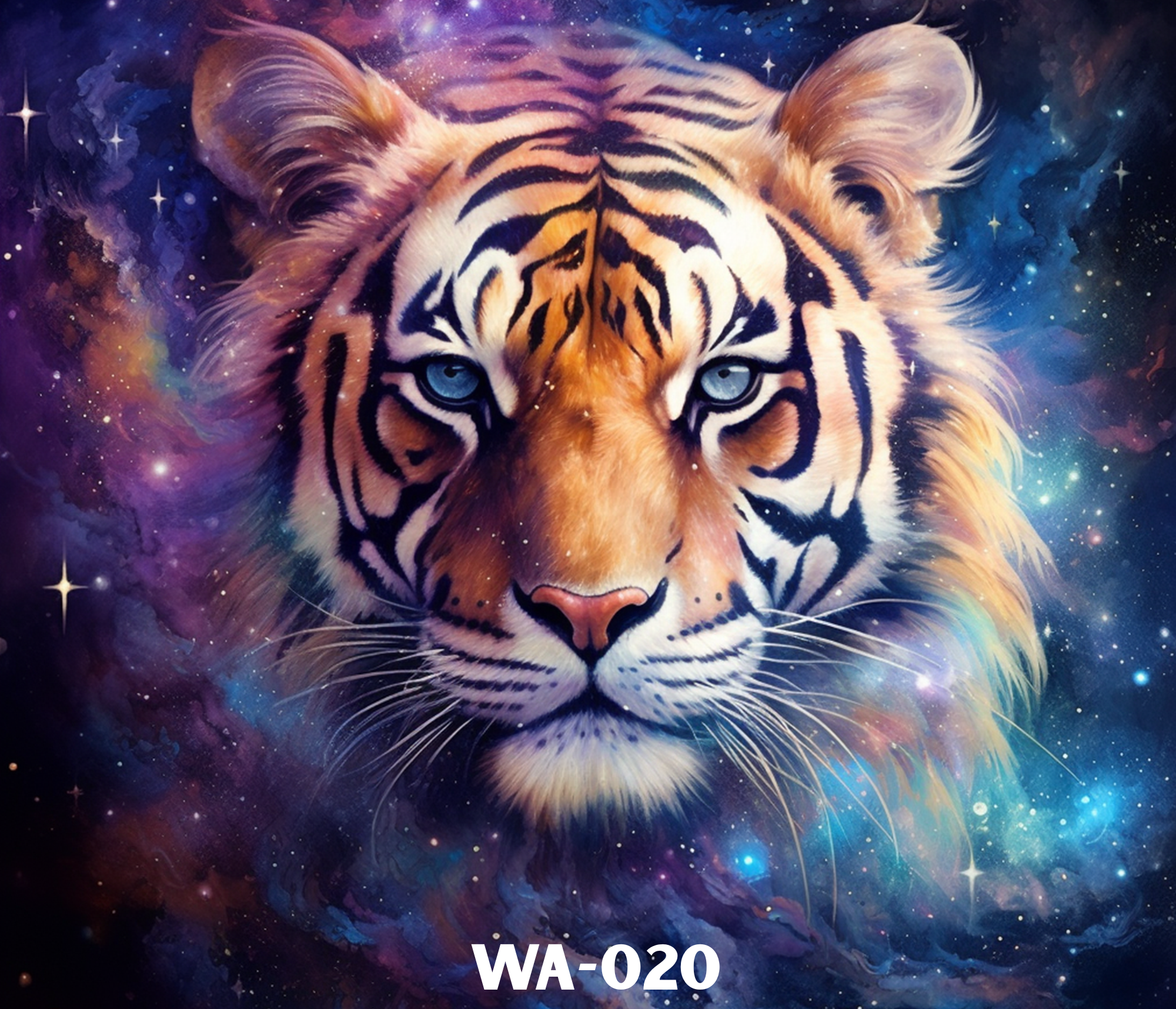 A painting of a tiger's face amidst a cosmic background of stars and nebulae,
