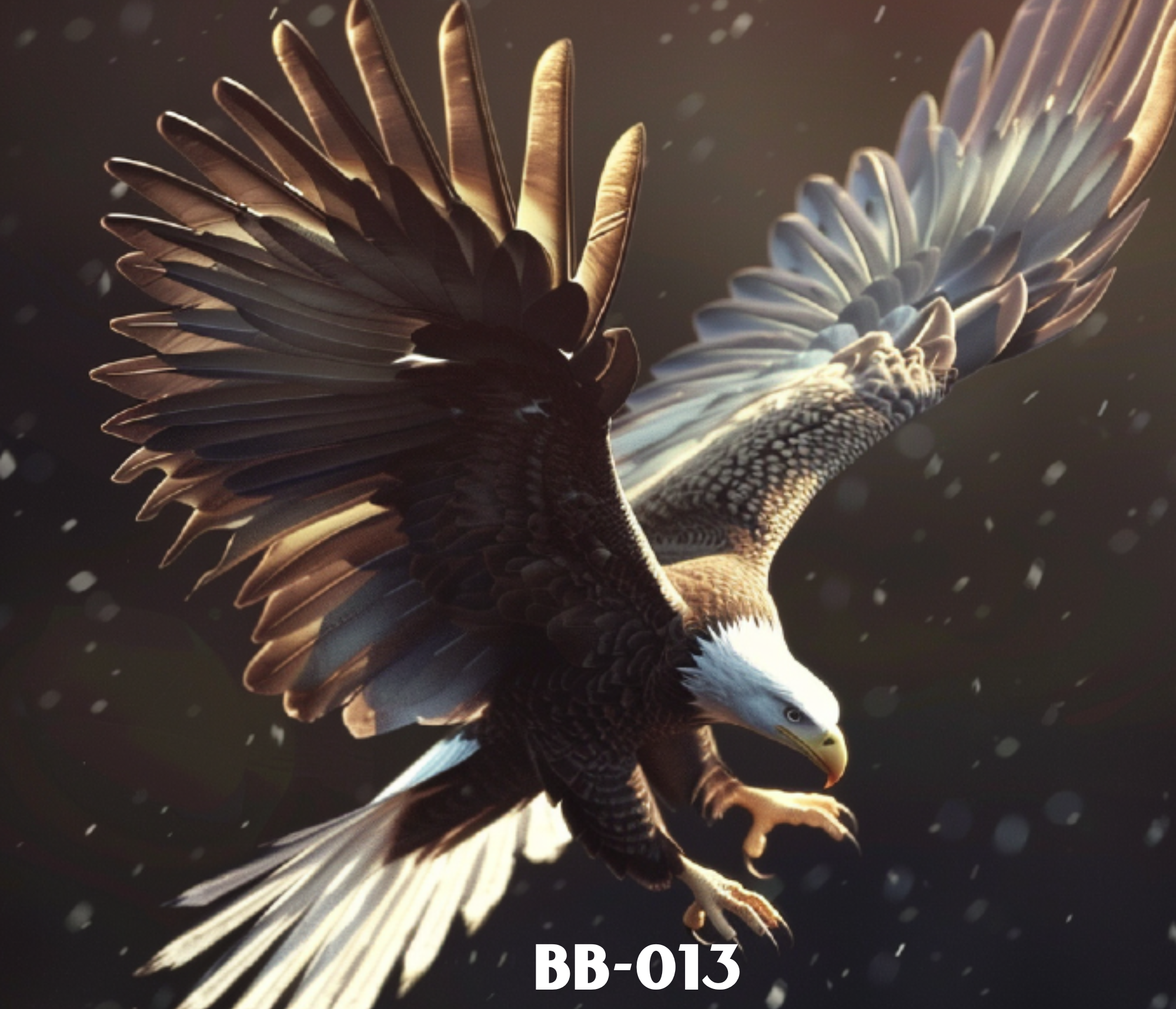 A majestic eagle soaring through the sky with wings spread wide, showcasing detailed feathers, with a dark background and scattered light particles.