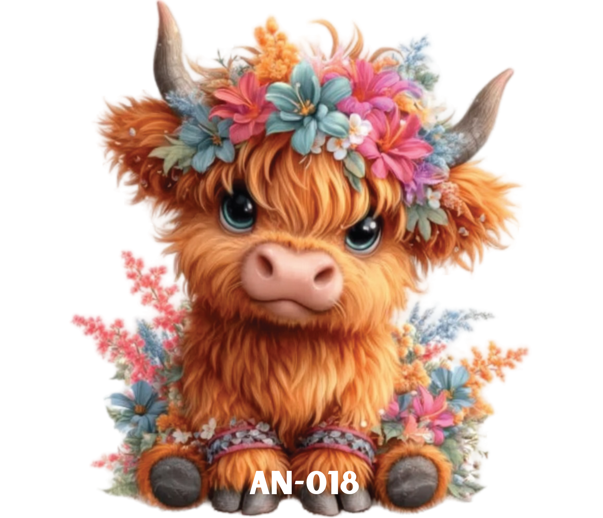 A plush toy that resembles a baby cow with large blue eyes, orange fur, and decorated with a floral crown of pink, blue, and white flowers. The toy appears to be sitting on a white background.