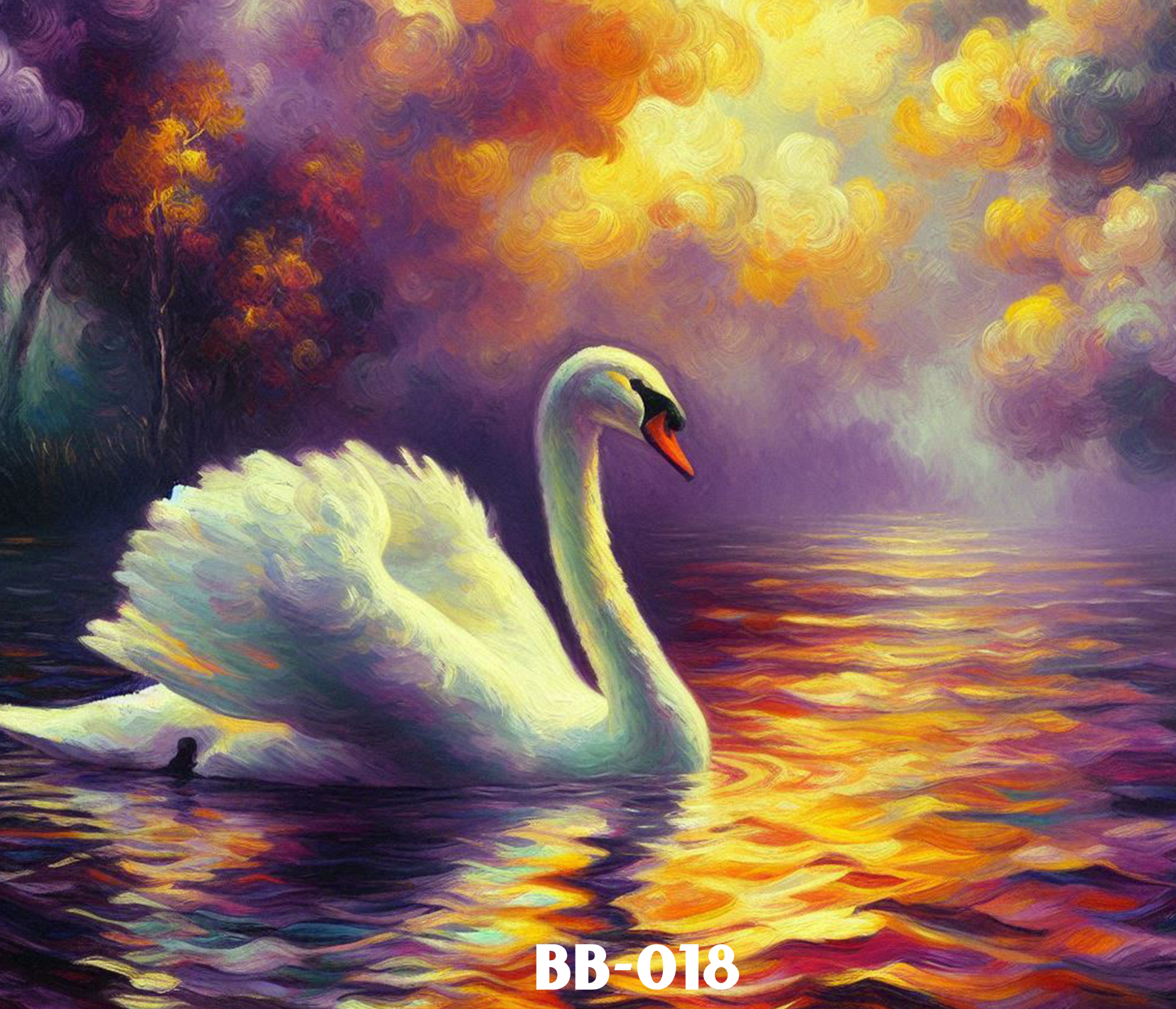 A painting of a white swan with a black beak and a red tongue, set against a colorful background of swirling yellows, oranges, purples, and blues. The reflection of the scene can be seen in the water.