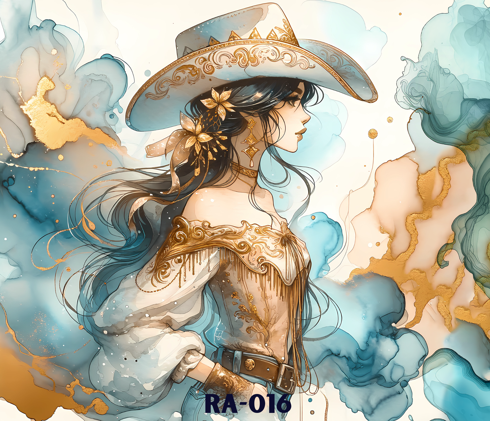 Digital artwork of a woman wearing a wide-brimmed hat, with long dark hair flowing, surrounded by abstract swirls and gold accents,