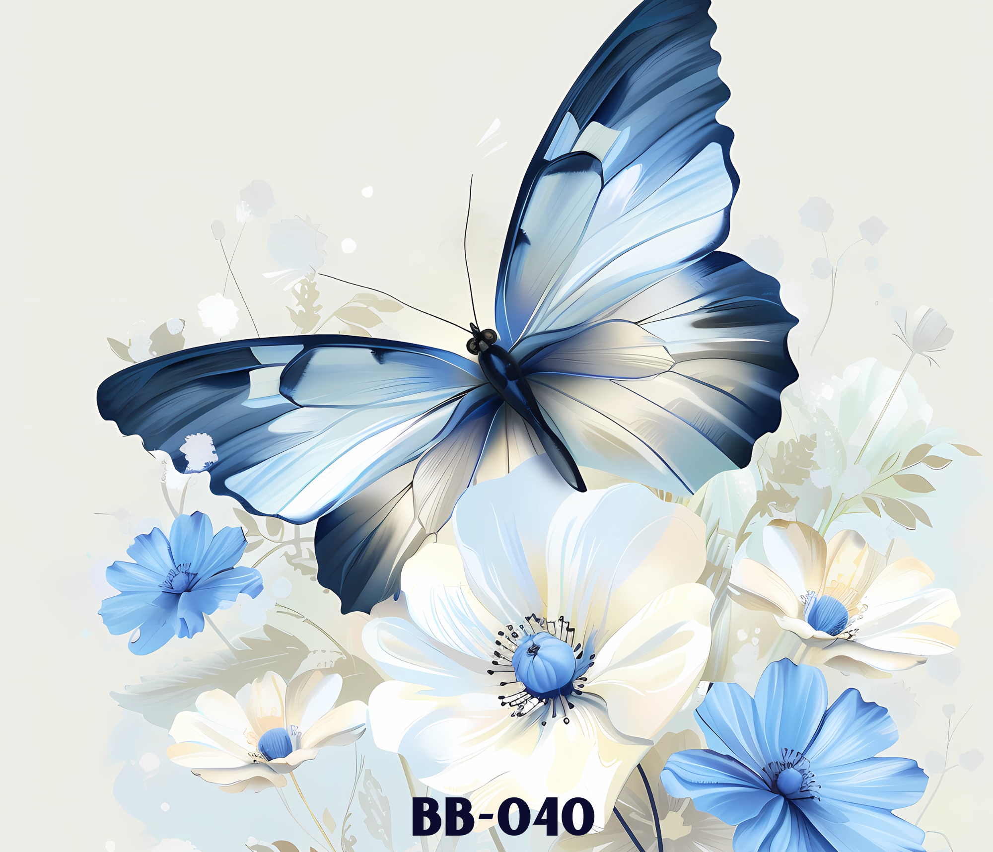 Digital illustration of a blue butterfly with transparent wings flying among pale blue and white flowers and leaves. The background is a soft, creamy color.