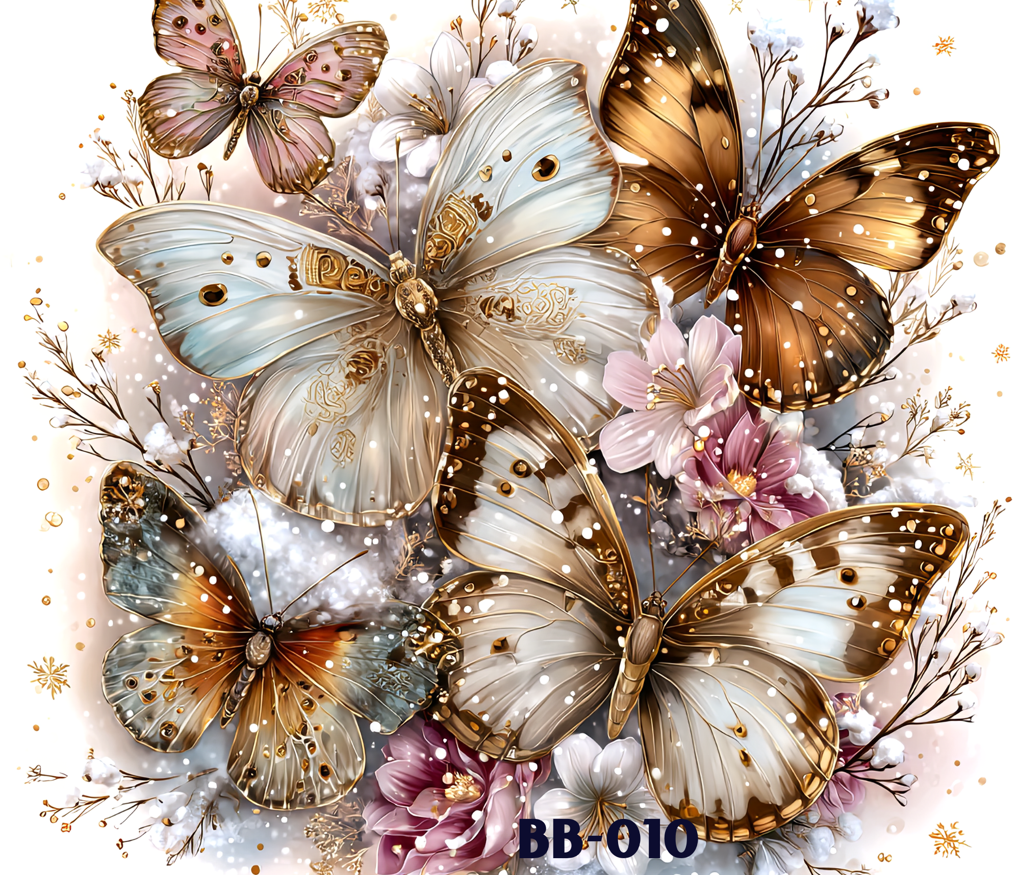 A digital artwork featuring multiple butterflies in shades of white, gold, brown, and pink, decorated with intricate details and surrounded by flowers and sparkles.