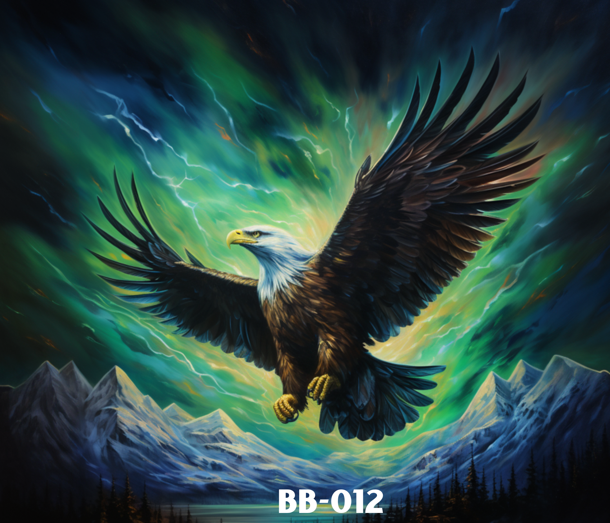 Painting of a bald eagle soaring over mountains with a northern lights display in the sky,