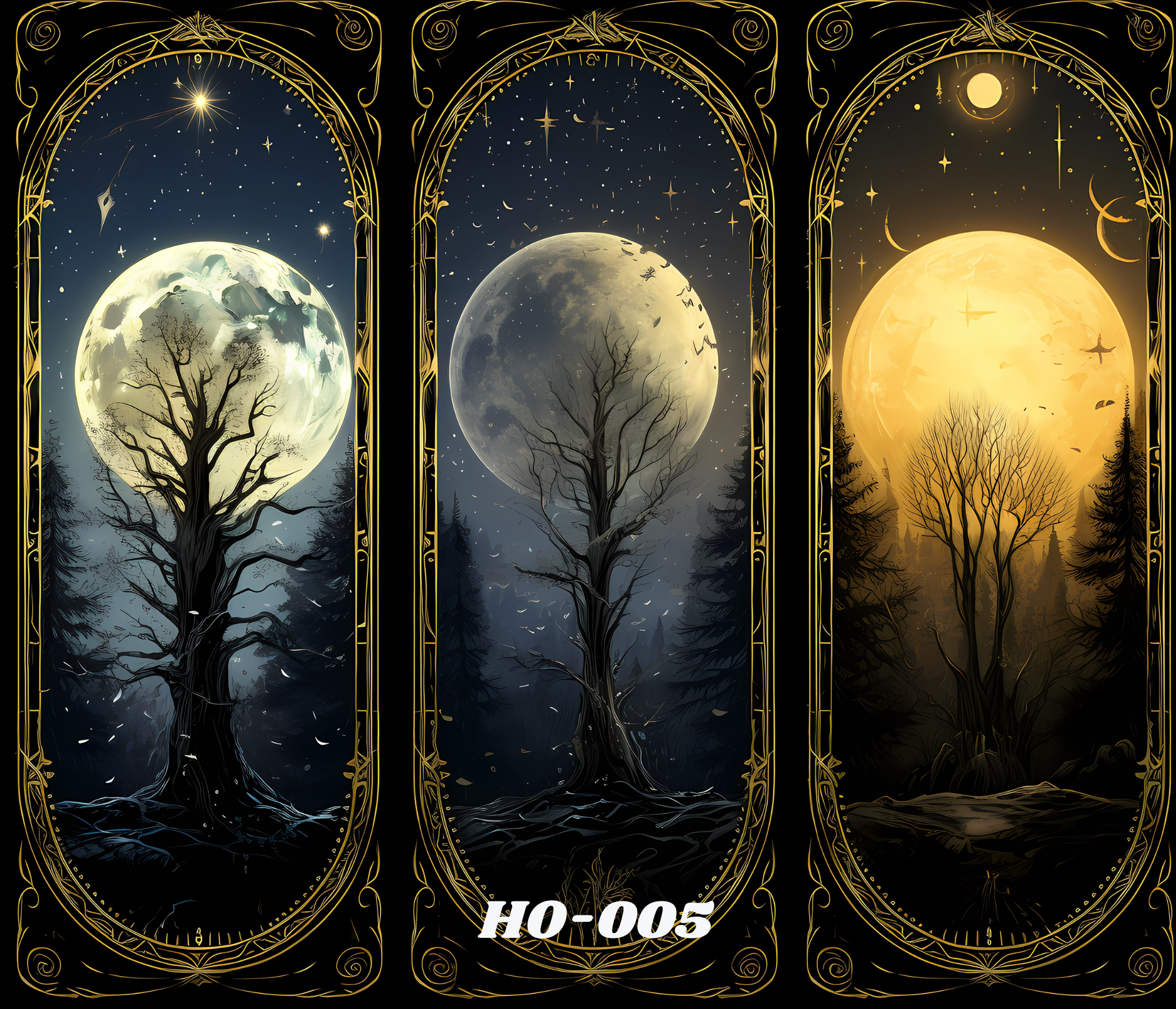 A triptych illustration of the moon in three different phases, framed with ornate gold borders. The first panel shows a full moon with a tree silhouette, the second depicts a waning moon with a different tree, and the third features a glowing yellow moon with a warm glow, moon, and tree branches in silhouette.