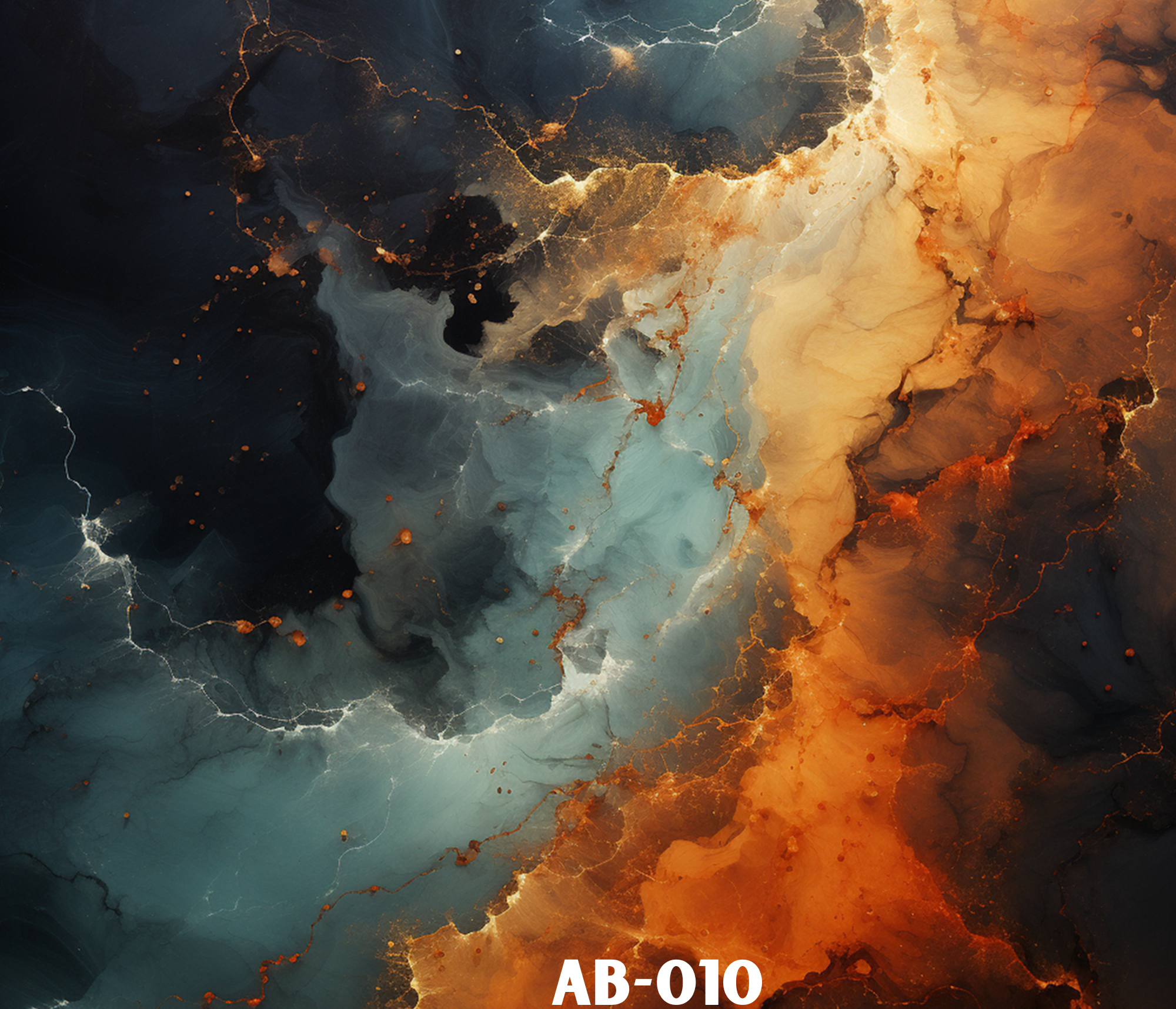 Abstract digital art with dark blue, black, and orange hues, resembling an aerial view of a volcanic landscape or nebula, with fiery cracks and glowing points. Text at the bottom reads "AB-010".