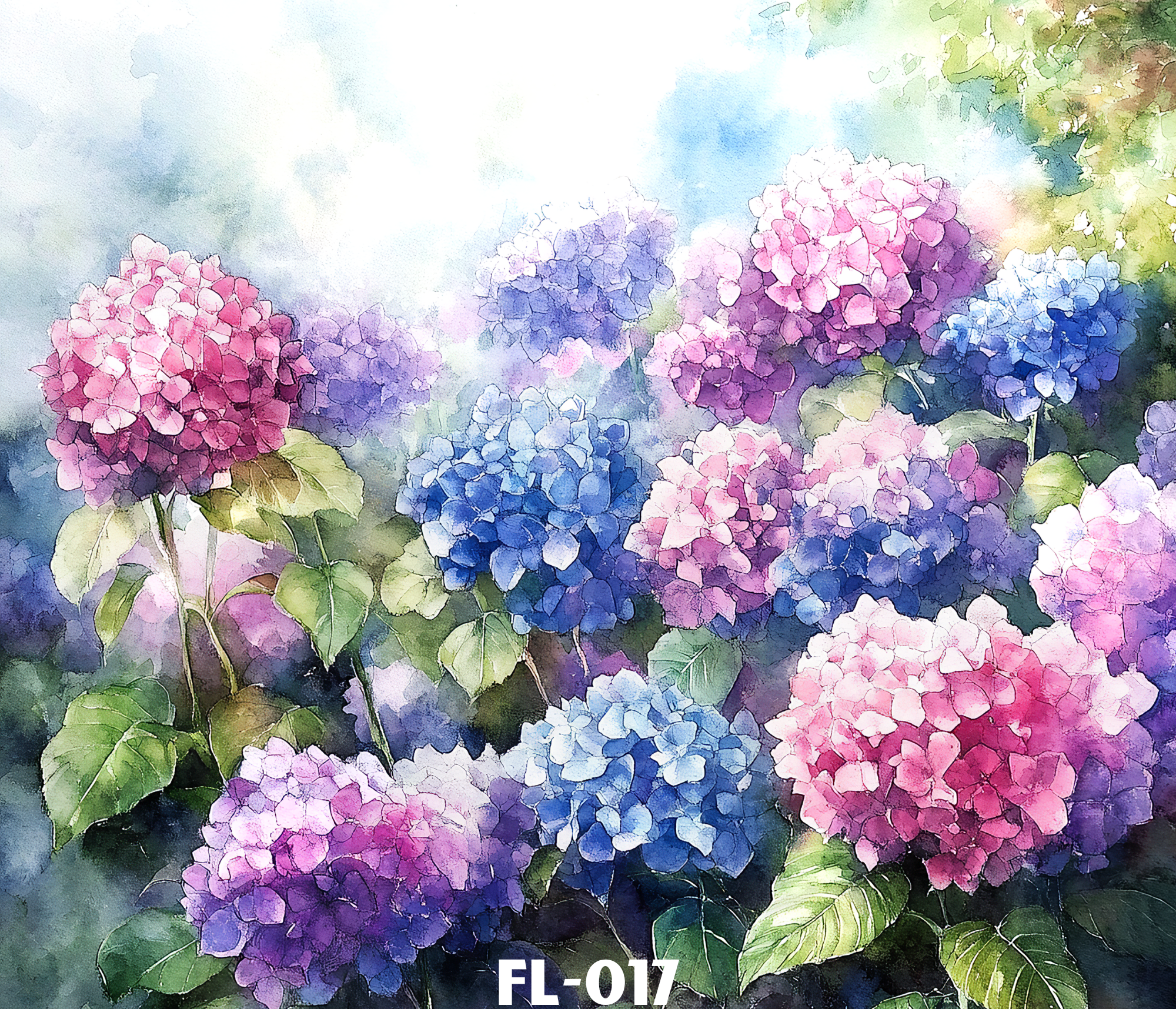 Watercolor painting of colorful hydrangea flowers in shades of pink, blue, purple, and green foliage.