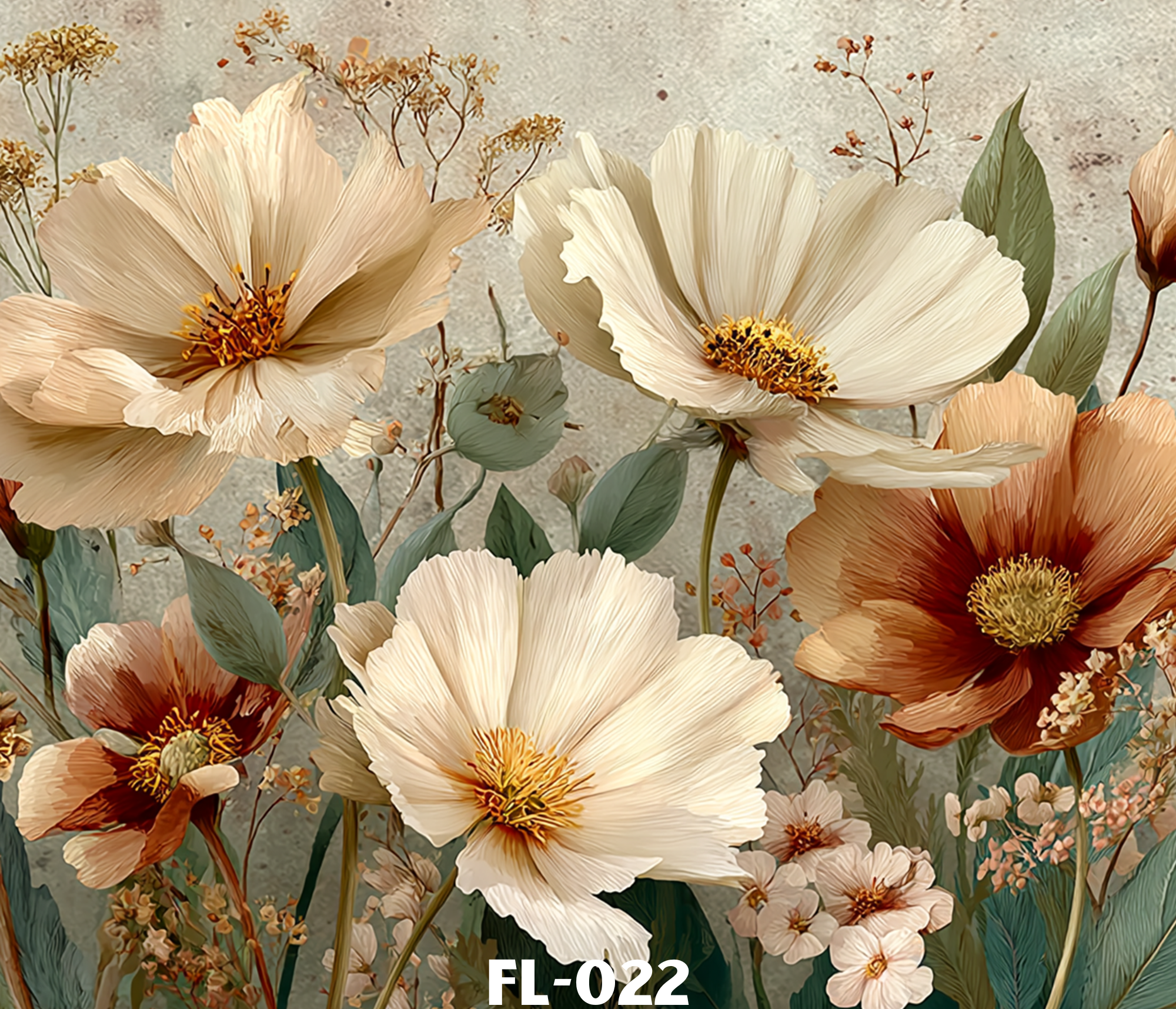 Close-up of various cream, peach, and maroon flowers with green leaves against a textured beige background. Text overlay says 'FL-022' at the bottom.