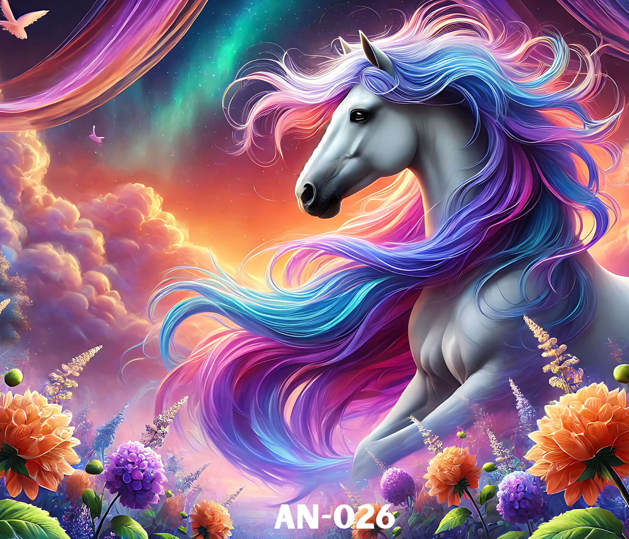 A colorful fantasy illustration of a unicorn with a flowing rainbow mane and tail, set in a vibrant, surreal landscape with clouds, flowers, and a starry sky with a green aurora.