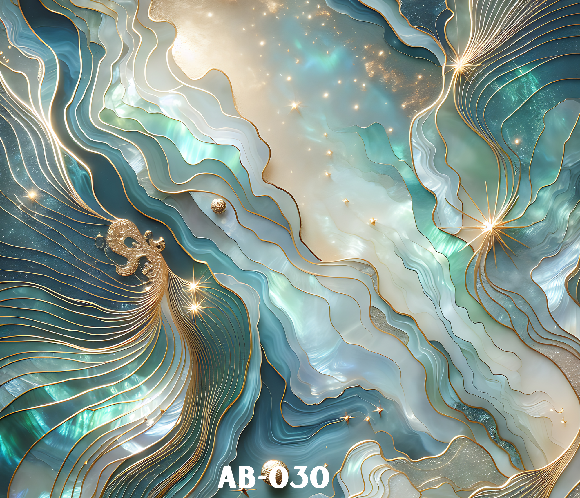 An abstract digital art piece featuring layered flowing shapes in shades of blue, teal, and white, with gold accents and small glowing stars scattered throughout.