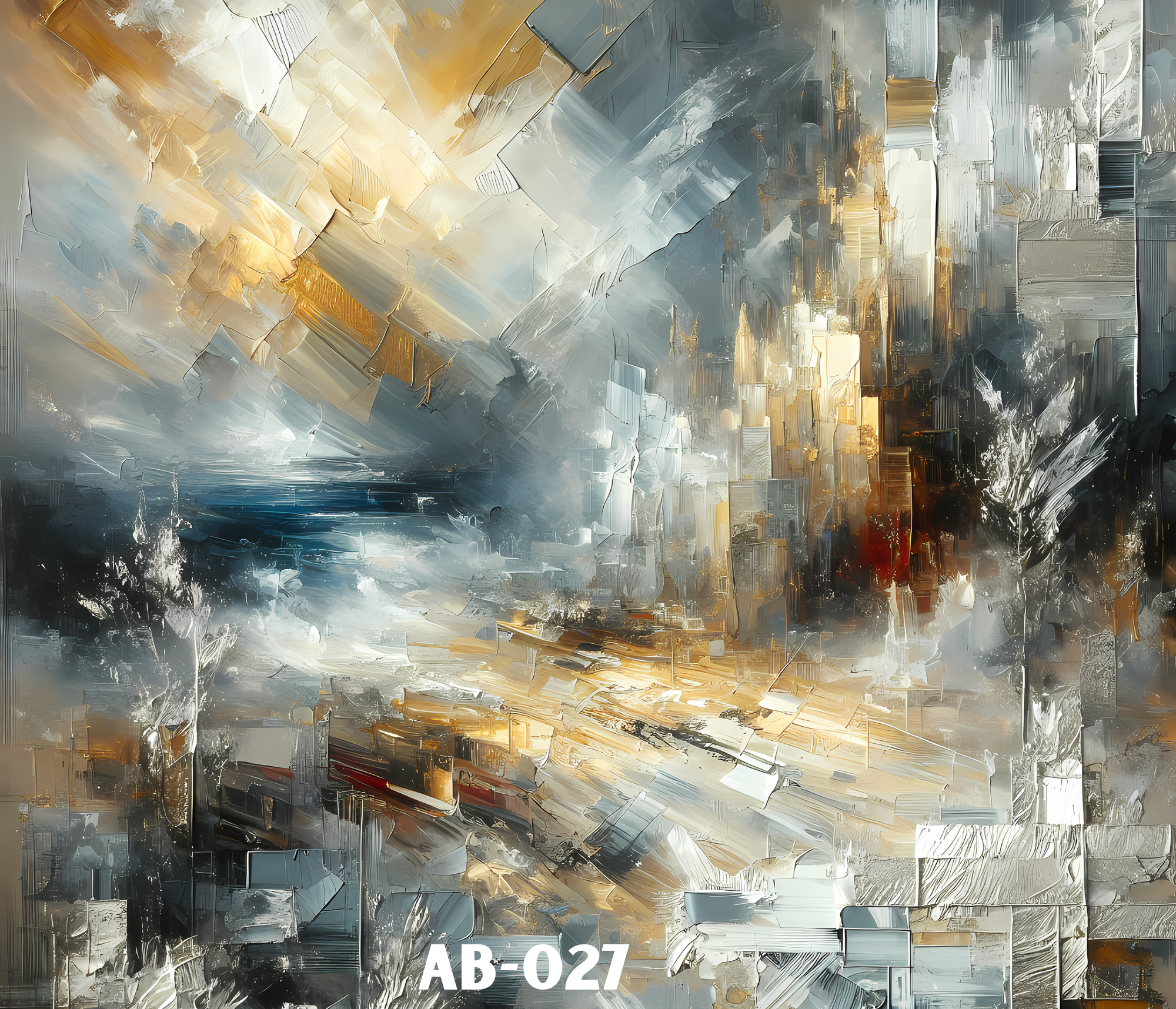 Abstract digital painting with dynamic brushstrokes and a color palette of silver, gold, and black. The image features cityscape elements and the text 'AB-027' at the bottom.