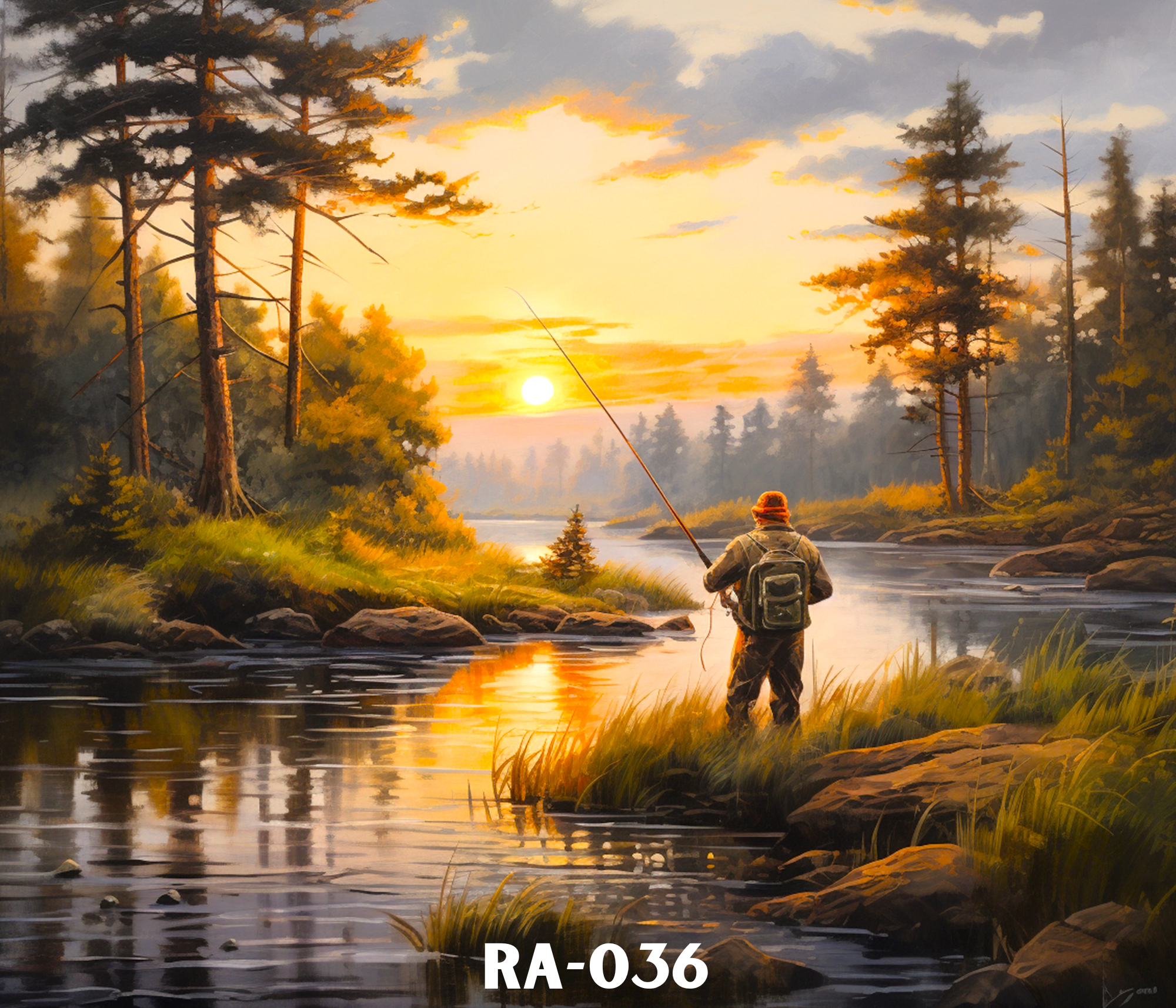 Painting of a sunset over a river with tall pine trees on both sides, a person fishing standing on the riverbank, and the sun low on the horizon. The