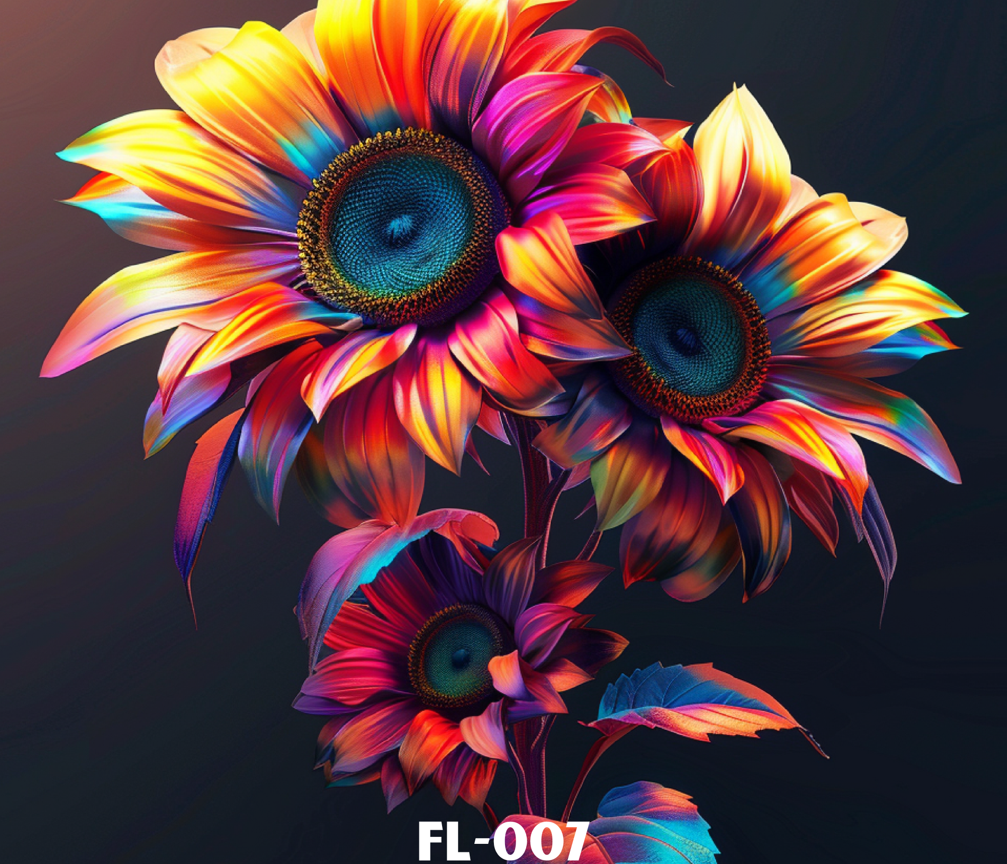 A vibrant, abstract digital artwork resembling a sunflower with multicolored, petal-like structures and intricate circular patterns in the center, set against a dark background.
