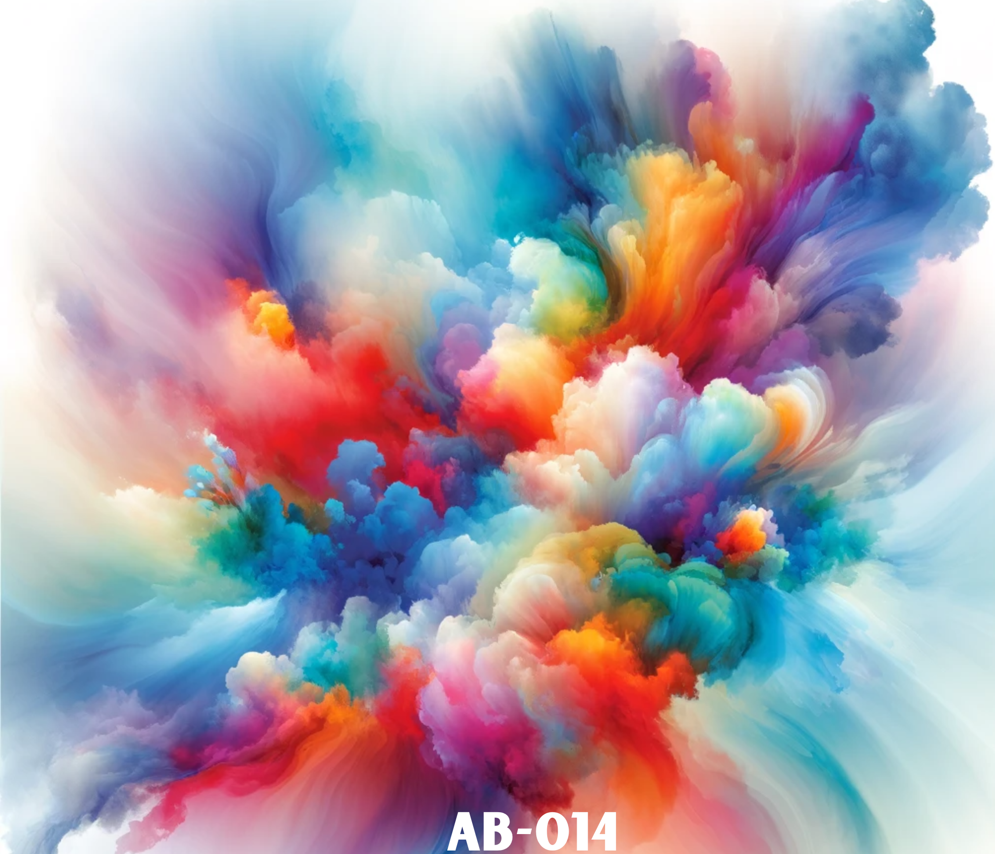 Abstract explosion of colorful clouds including blue, orange, pink, purple, green, yellow, and white, with text "AB-014" at the bottom right corner.