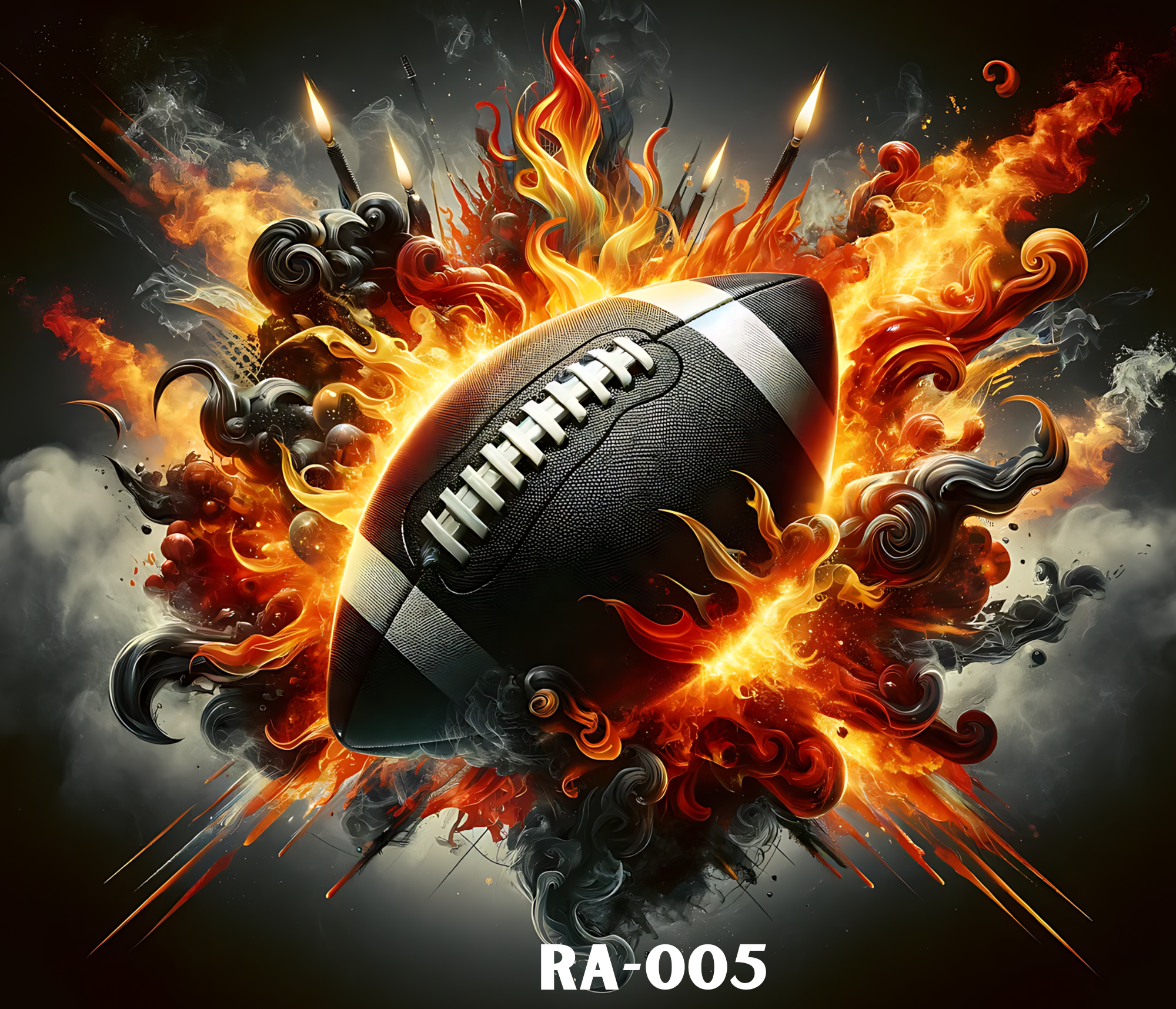 A dynamic digital artwork featuring a football surrounded by flames, smoke, and abstract elements with warm colors like orange, red, and yellow, and cool dark background.