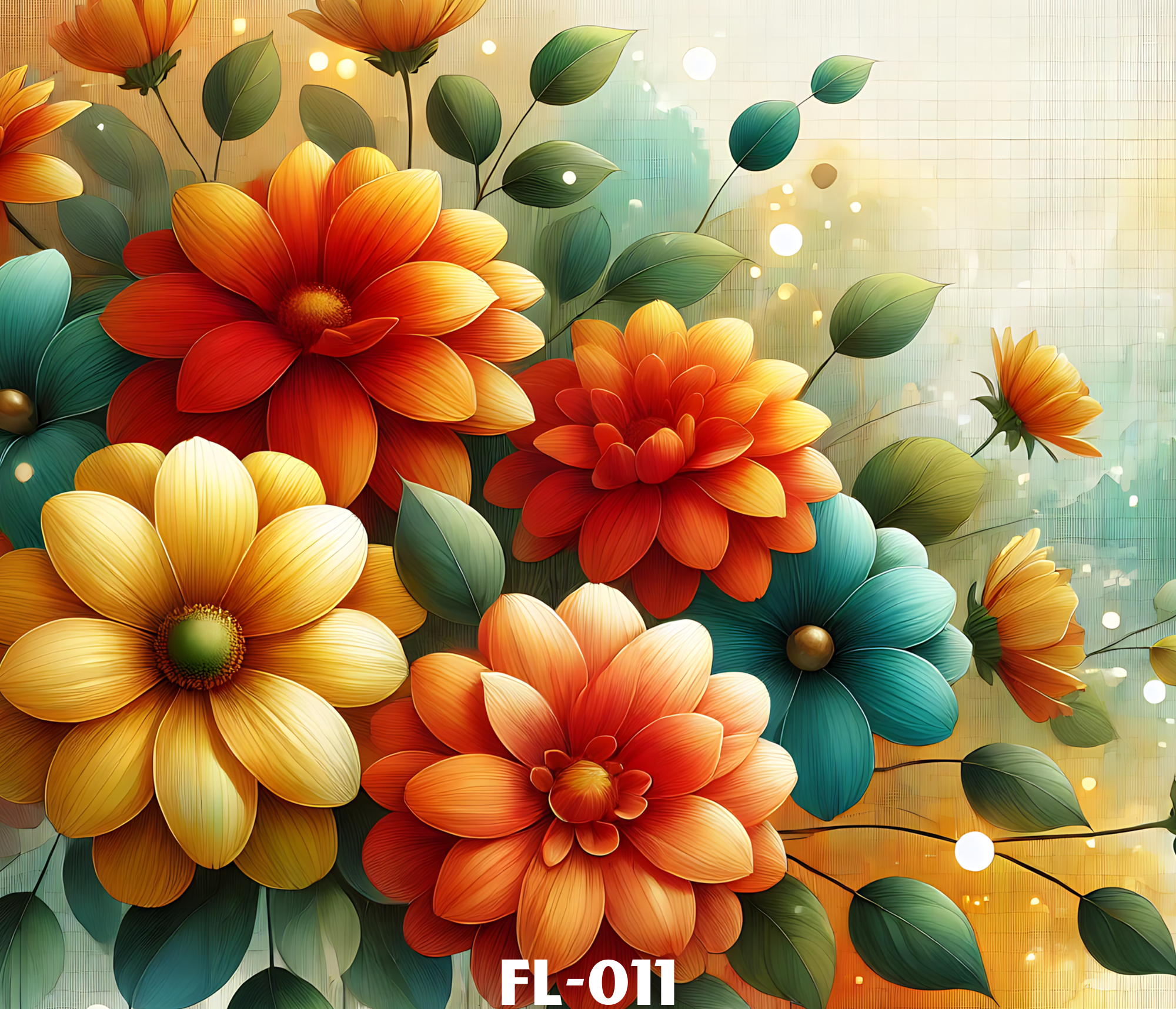 Digital artwork of bright orange, yellow, and teal flowers with green leaves on a pale, textured background with glowing white dots, featuring the text "FL-011" at the bottom.