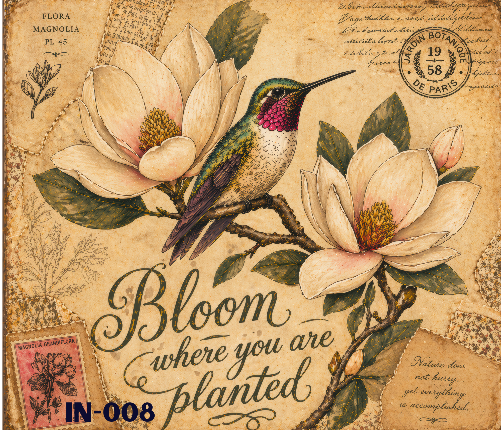 Vintage botanical illustration of a hummingbird with pink throat feathers surrounded by magnolia flowers and leaves, with decorative handwritten script and a circular stamp reading 'JARDIN BOTANIQUE DE PARIS 1958'.