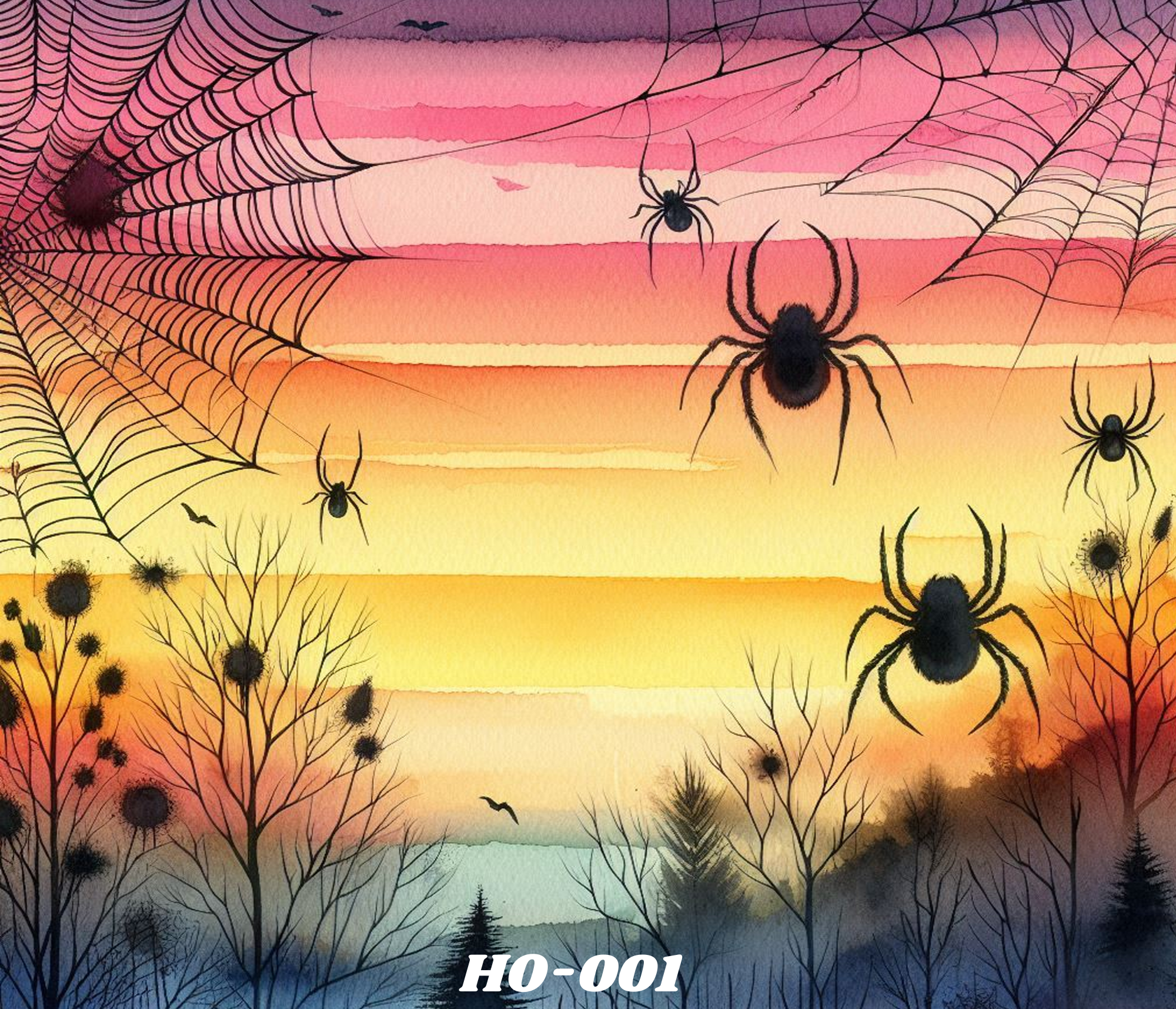 Watercolor illustration of a sunset with silhouettes of trees and flying bats, Halloween-themed with carved pumpkins and floating spiders.
