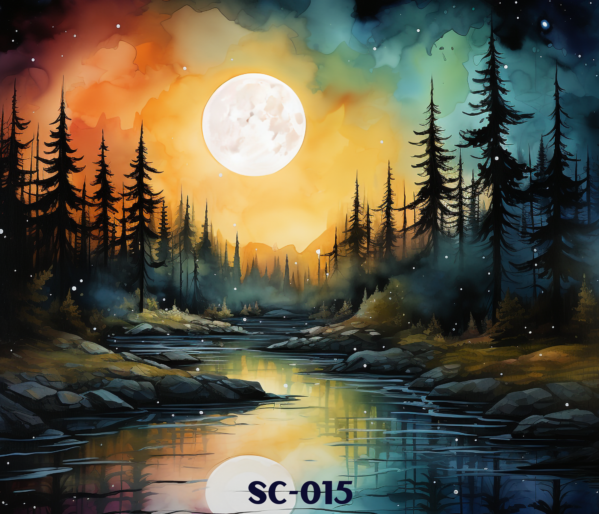 A colorful watercolor painting of a full moon shining over a lake, surrounded by pine trees and mountains with an orange and teal sky.