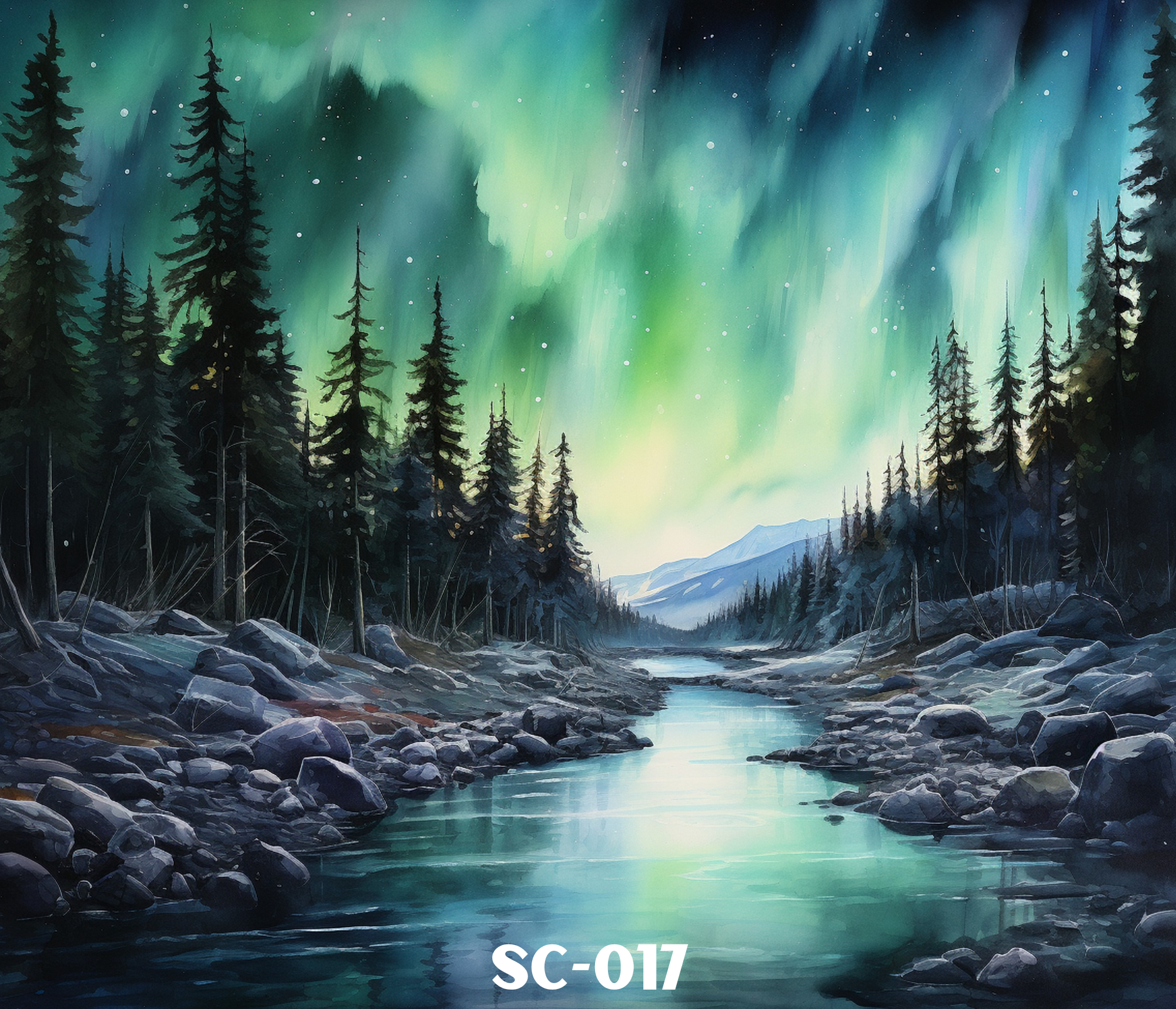 A painting of a mountain landscape with a river in the foreground, tall pine trees on either side, and the Northern Lights in green and blue across the night sky.