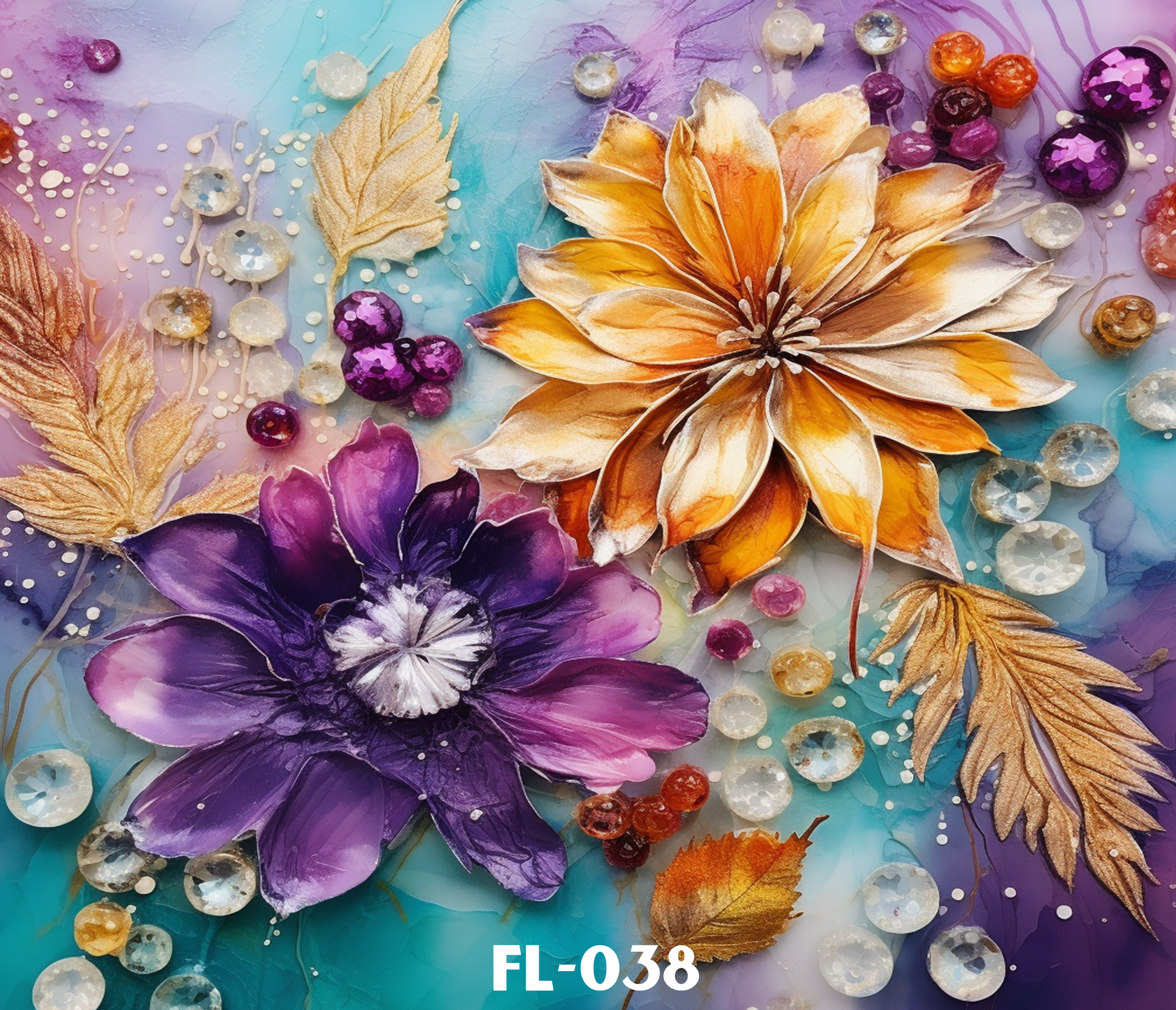 Close-up of a colorful art piece with purple, orange, and gold flowers, gold and purple leaves, and scattered beads and sequins on a pastel background. The text "FL-038" is visible at the bottom.