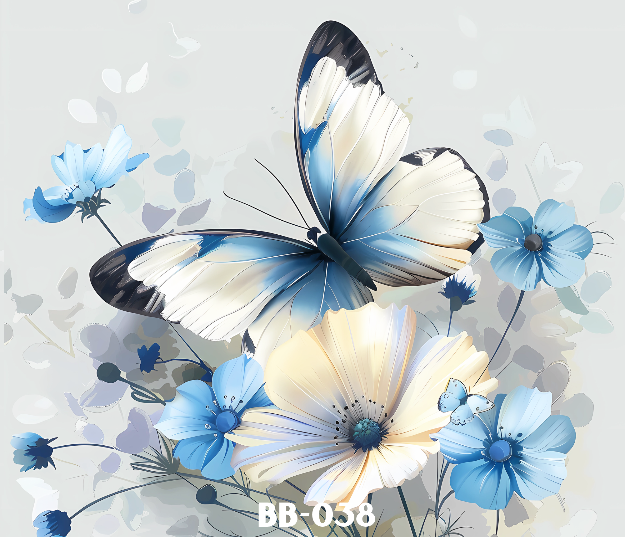 Digital illustration of blue and cream butterflies flying around blue and cream flowers on a light gray background with abstract shapes.