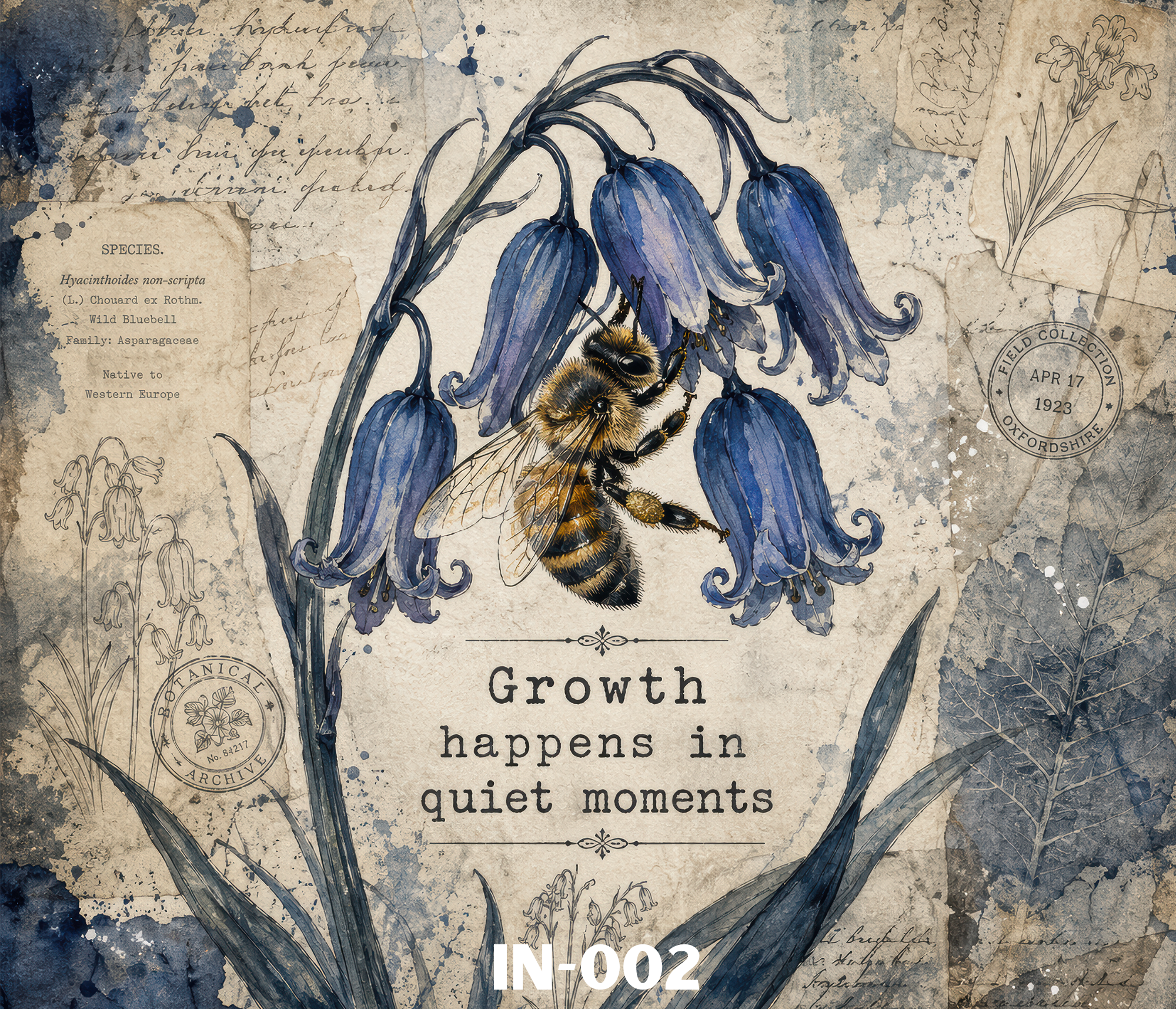 An illustration of a bee on a cluster of blue bell-shaped flowers, with various handwritten notes, sketches of flowers, and vintage stamps on aged paper background.