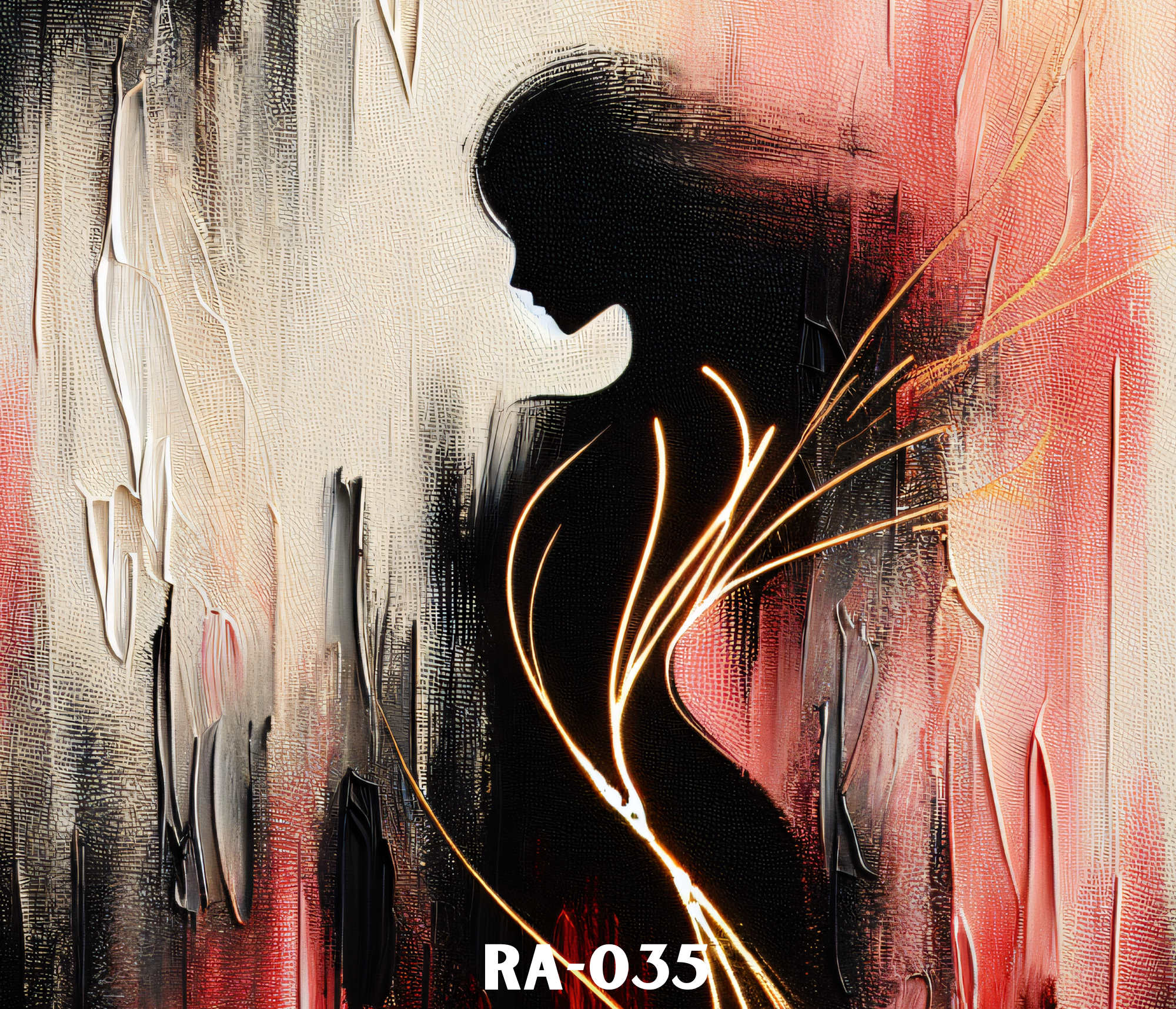 Abstract artwork featuring dark silhouette of a person's head in profile with colorful light streaks and textured background.