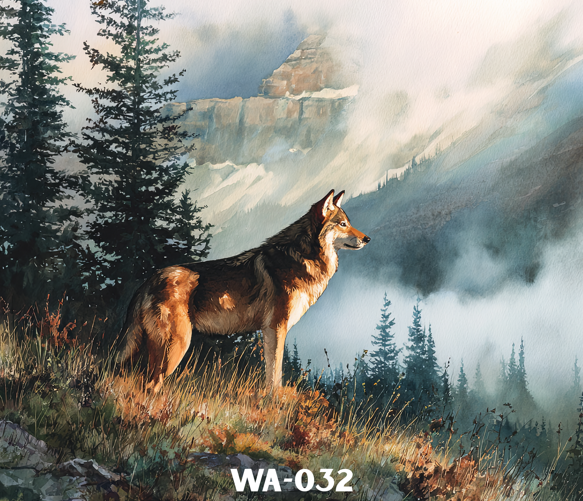 A painting of a wolf in a mountainous forest landscape with pine trees, rocky cliffs, and a misty atmosphere.