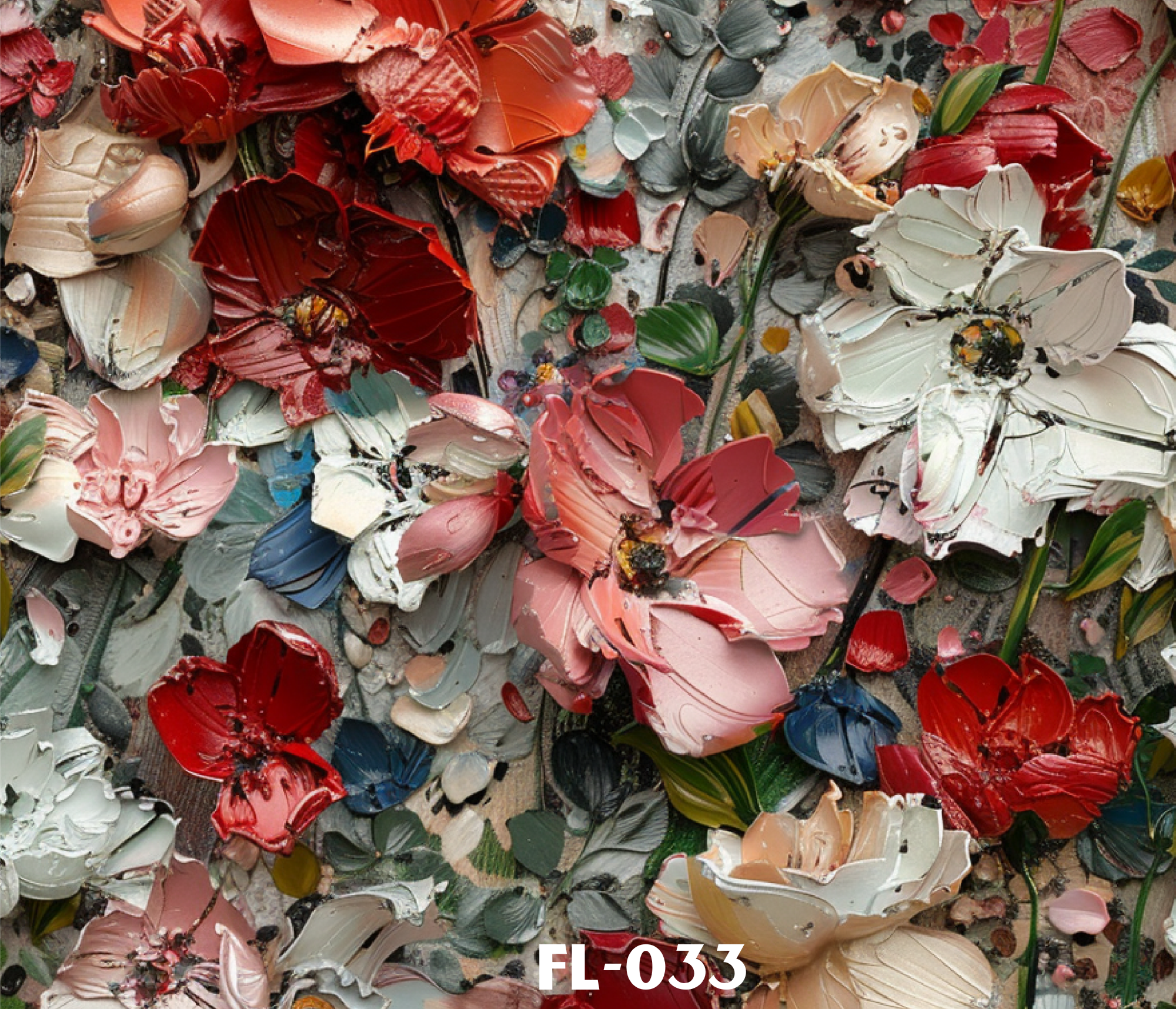 Close-up of assorted paint color blobs in shades of red, pink, beige, gray, blue, green, and white, with some floral elements, arranged artistically with the label 'FL-033' at the bottom.