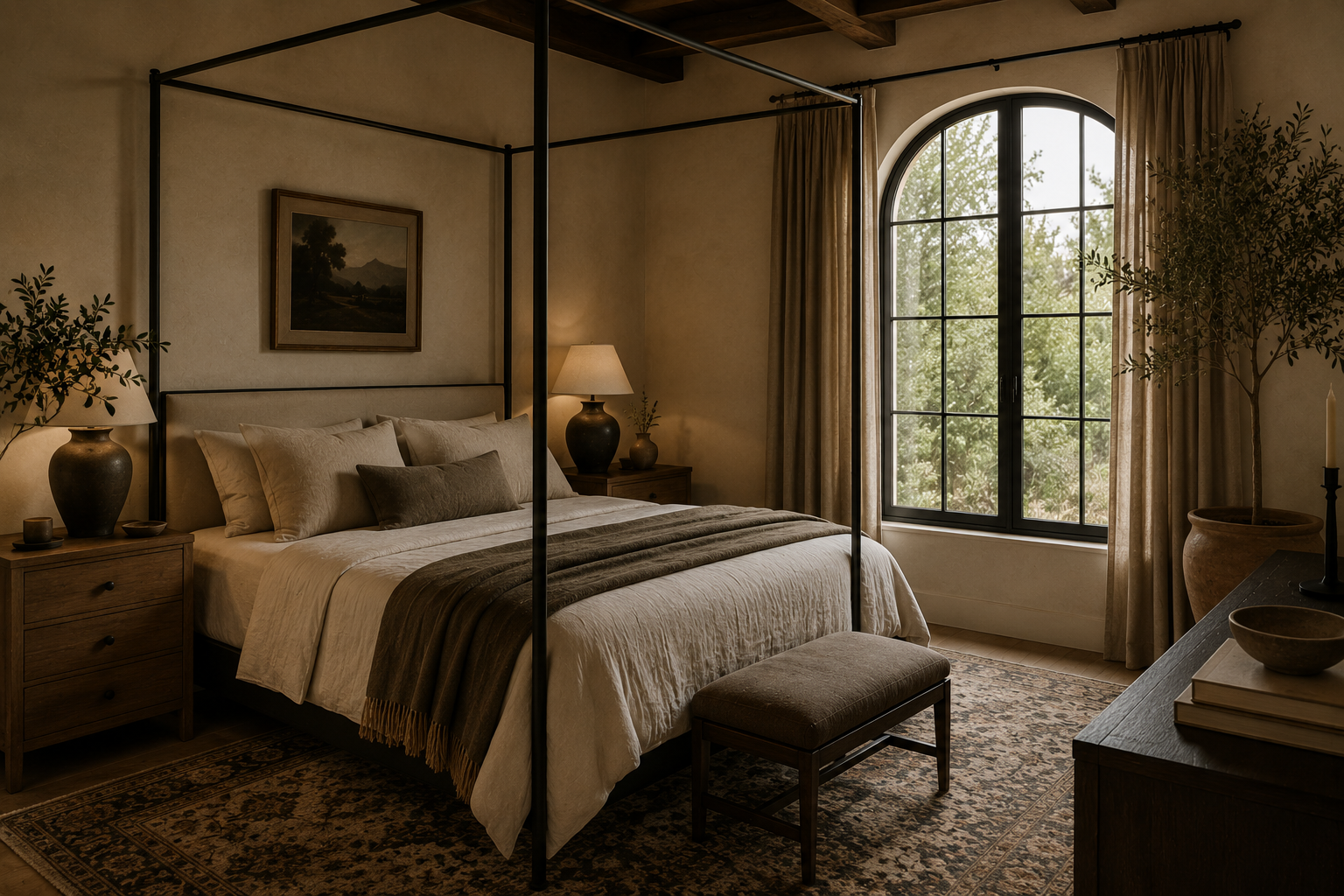 A cozy bedroom with a four-poster bed, beige bedding, and pillows. There are two nightstands with lamps, a window with arched top, and a large potted plant. The room has earthy tones and is decorated with artwork and items on a dresser.