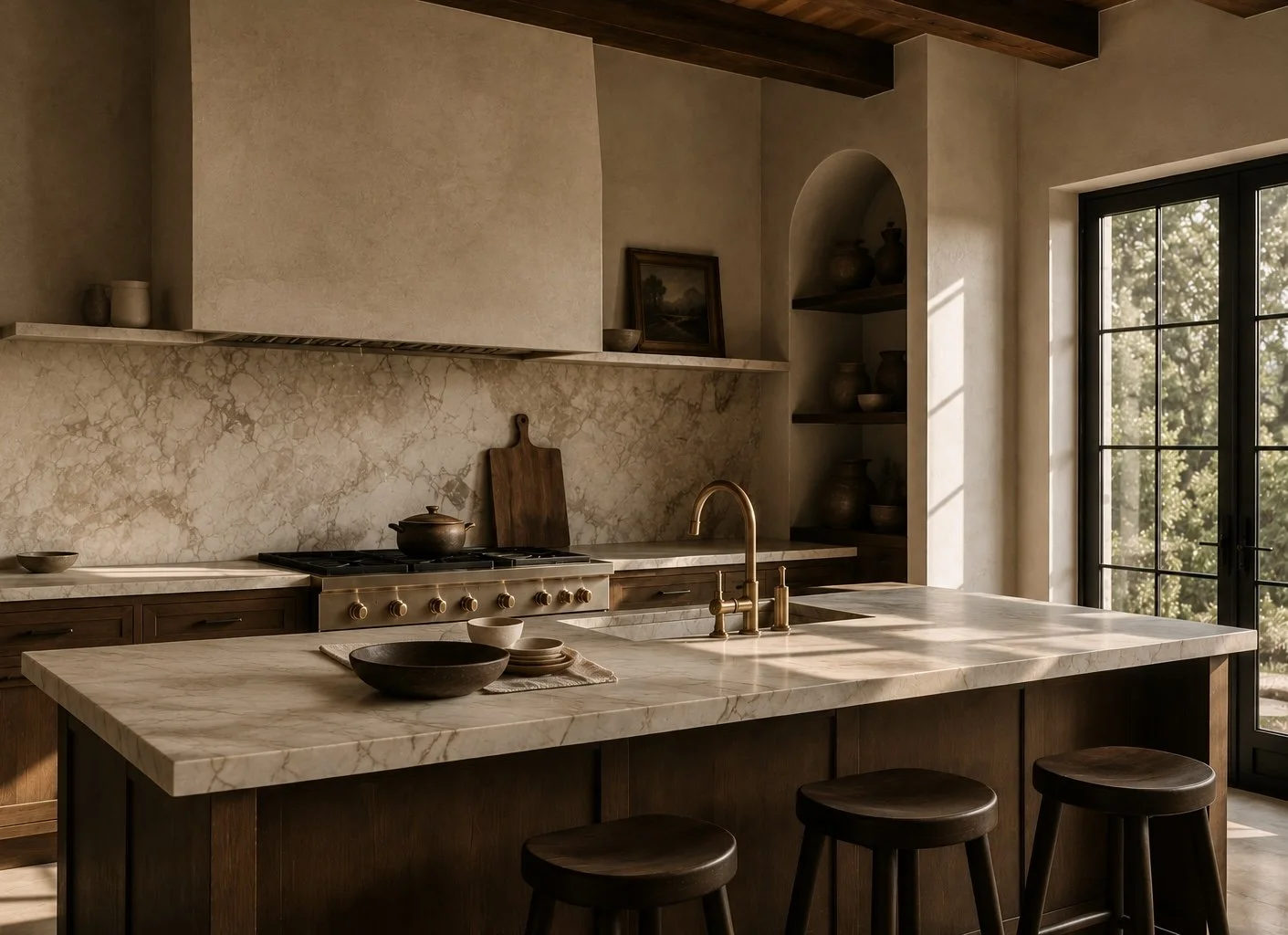 Warm, rustic kitchen with wood cabinetry, cream marble countertops, and gold fixtures, bathed in natural sunlight from a large window.
