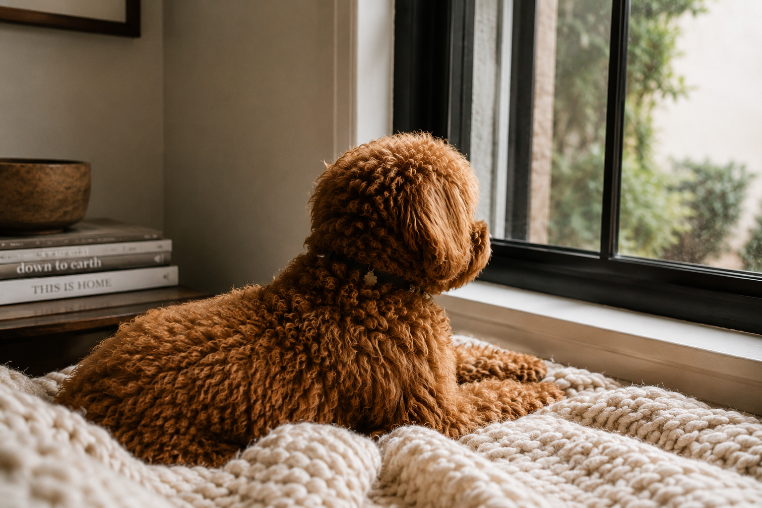 A curly-haired brown dog lying on a cozy blanket, looking out a window.