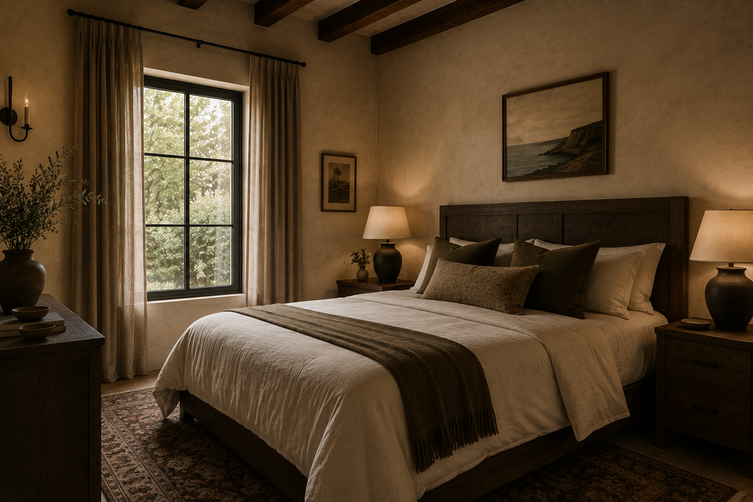 A cozy bedroom with a large bed covered in white and dark brown bedding, flanked by matching wooden bedside tables with lamps. There are framed landscape paintings on the wall and a large window with beige curtains, revealing green trees outside.