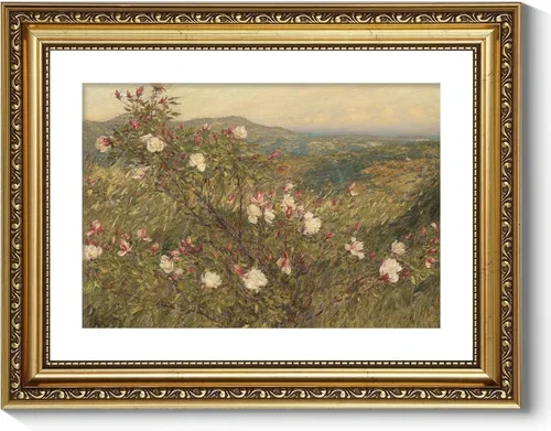 Landscape painting of a hill with flowering bushes and a distant view of a valley or coastline.