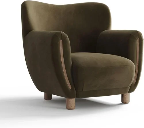A modern armchair with dark brown upholstery and wooden legs.