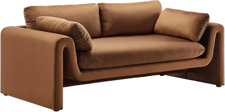 Brown sofa with rolled arms and two matching cushions on a white background.