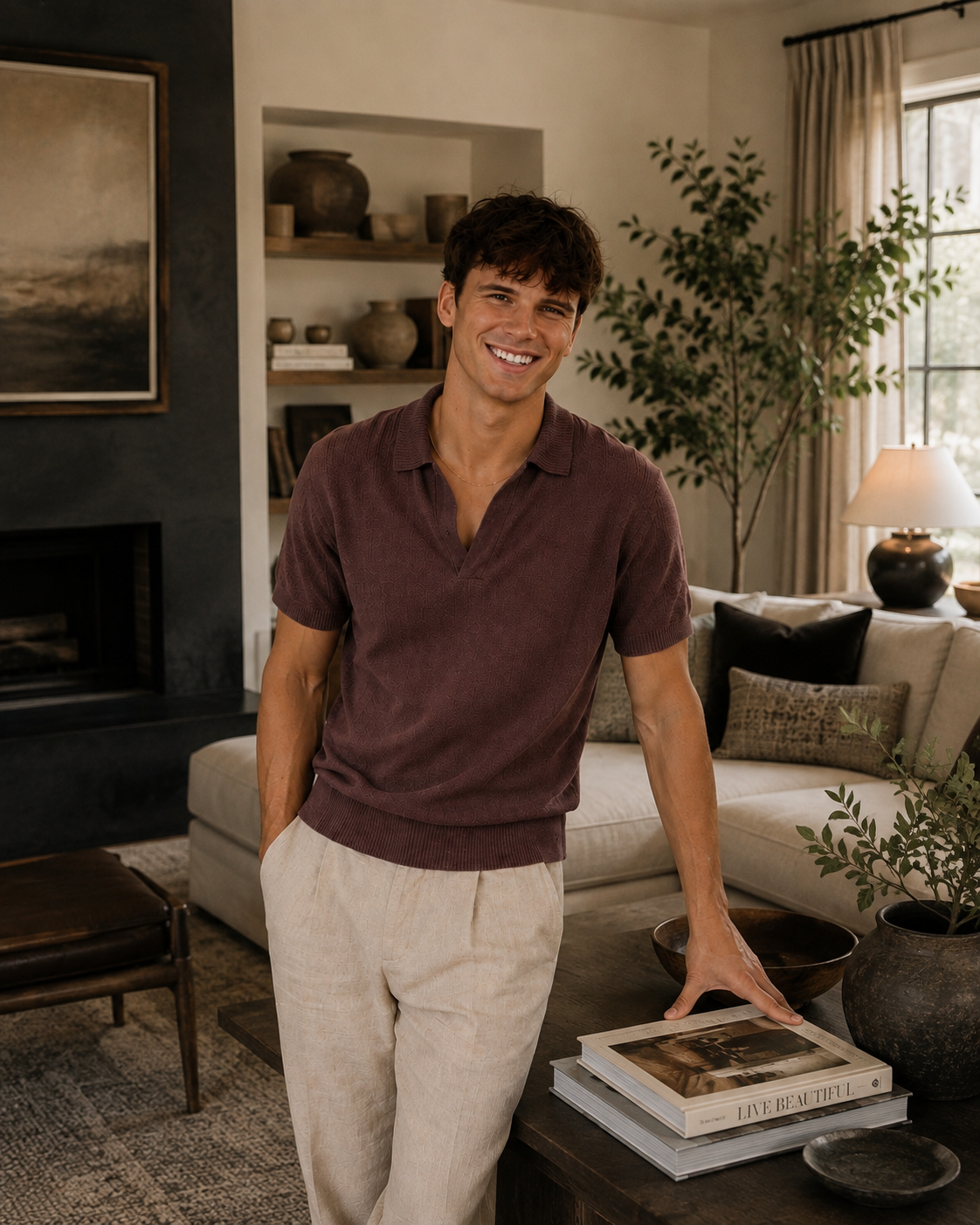 A young man with dark wavy hair smiling, standing in a cozy living room with beige sofa, potted plant, and books on a dark wooden table.