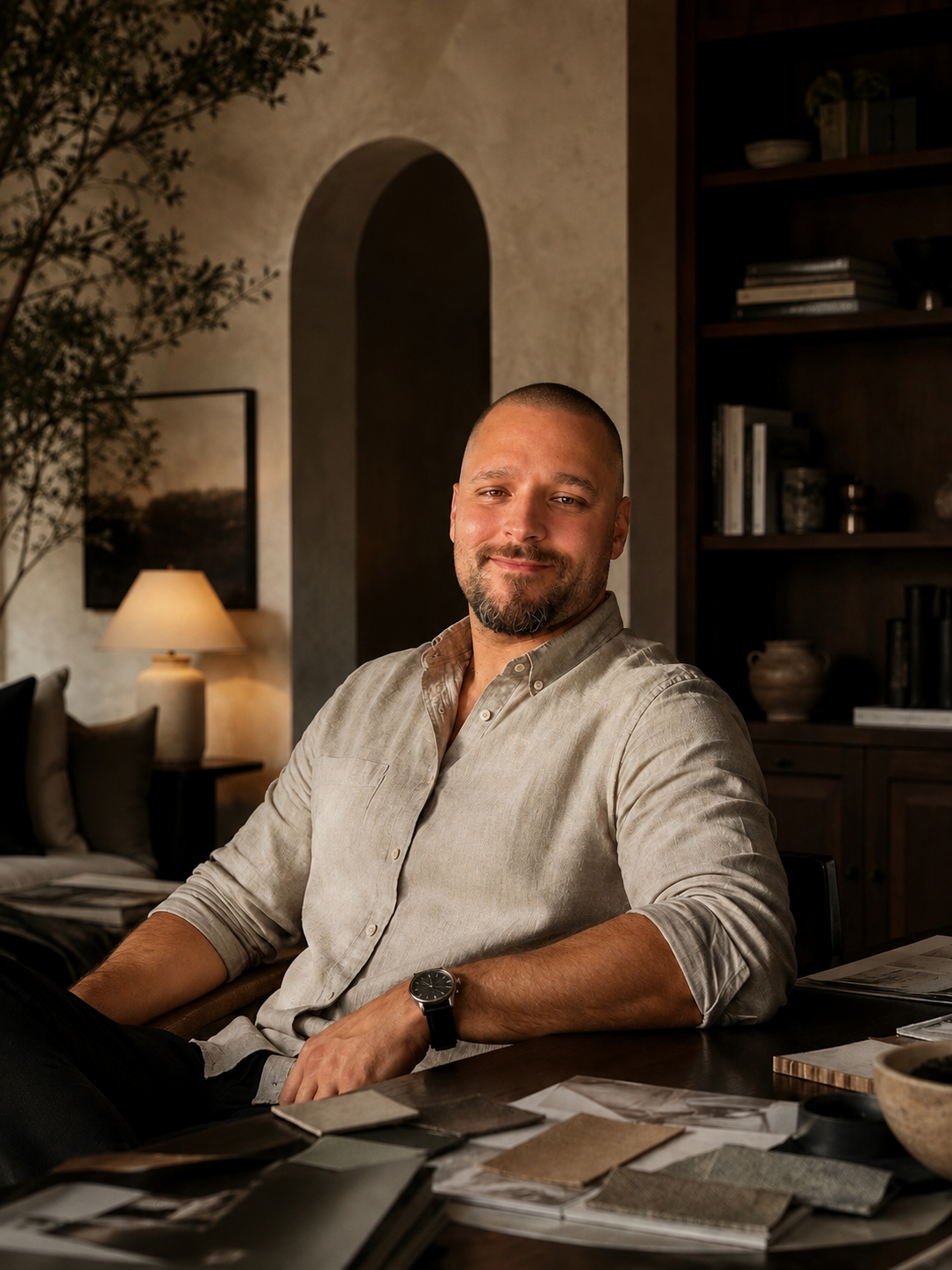 A man with short hair and a beard sitting at a wooden table in a warmly lit room, smiling confidently at the camera. The table has sample swatches, papers, and decorative objects. Background features a bookshelf with books and decorations, a lamp, and wall art.