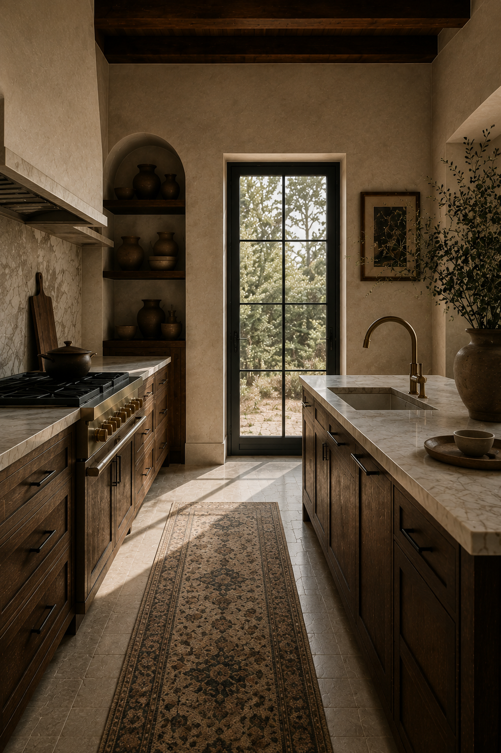 A cozy kitchen with wooden cabinets, a marble countertop, a black-framed door leading outside, and shelves with pottery on the left side. Natural light streams through the door, highlighting a rug on the tile floor and a large potted plant on the right.