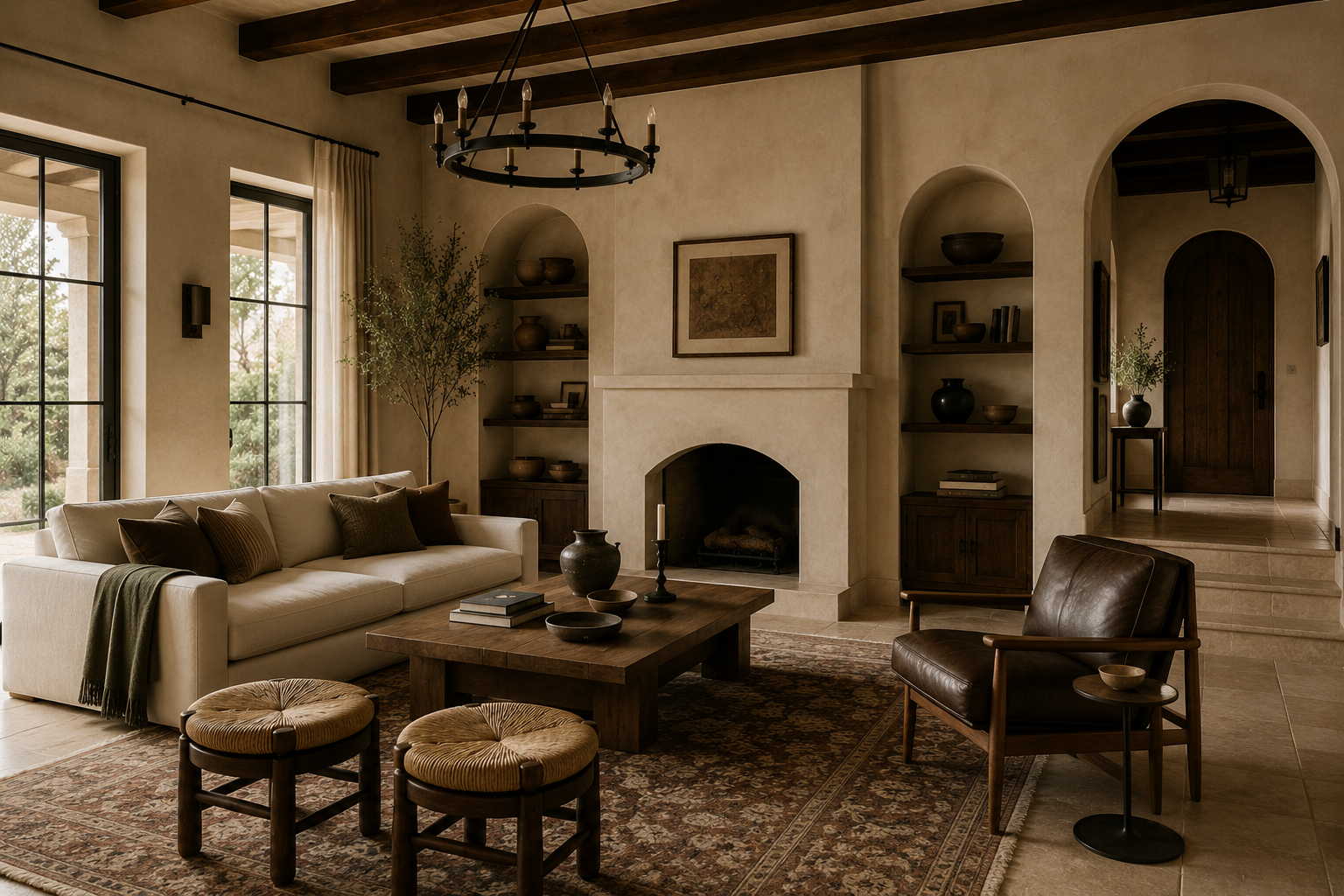 Living room with large windows, beige walls, a fireplace, a beige sofa with pillows, two small round stools, a wooden coffee table with vases and books, a leather armchair, a rug, and built-in shelves with decorative items.