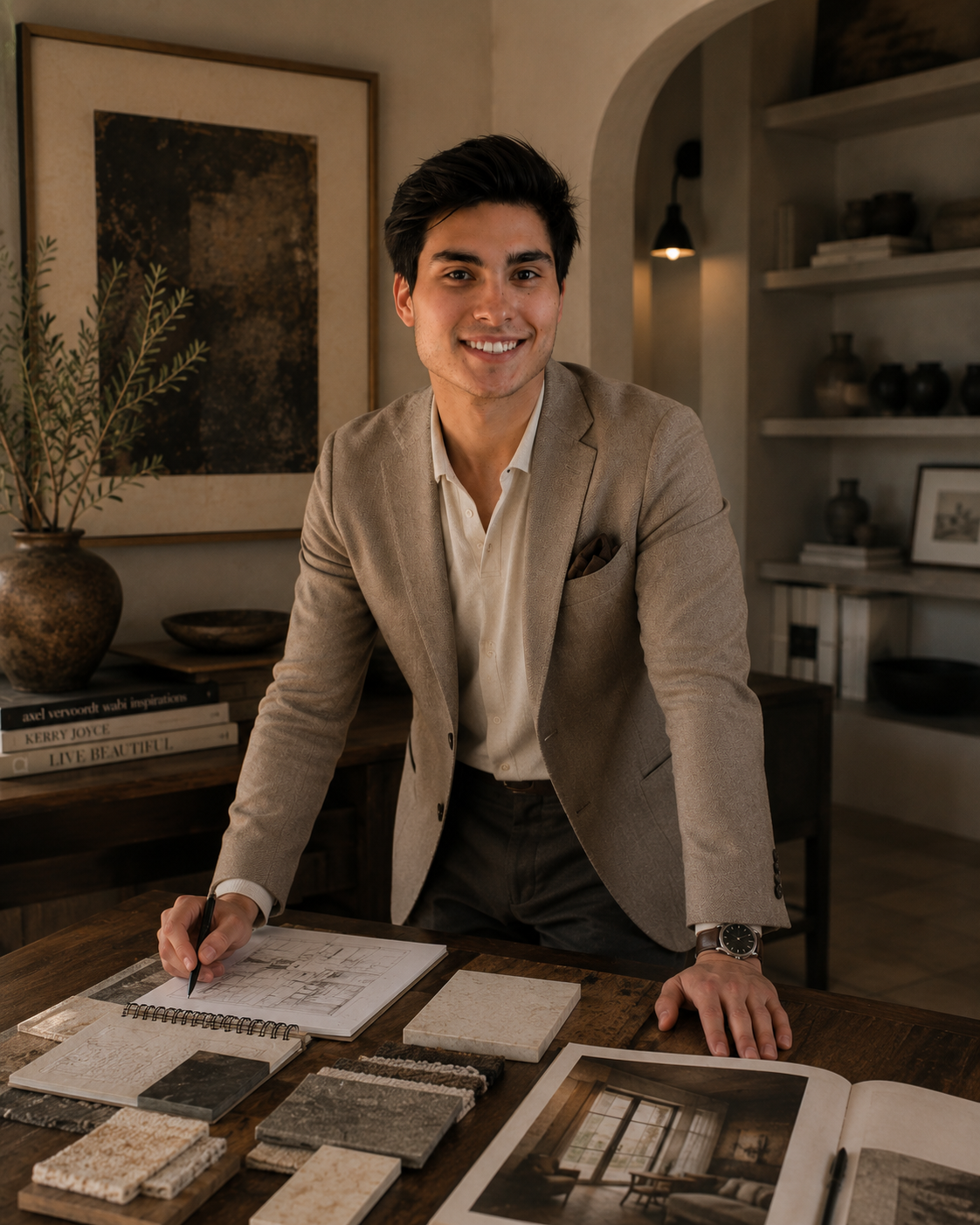 A young man in a beige suit working on interior design plans at a wooden table with tile samples and design book, smiling at the camera in a warmly lit room.