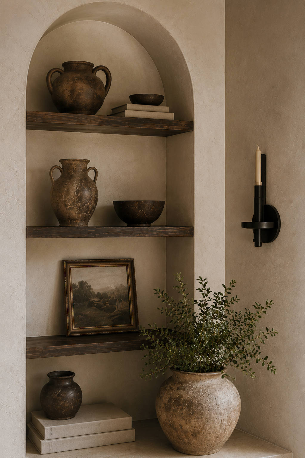 Decorative shelves with antique vases, bowls, a framed landscape painting, and a large potted plant with greenery.