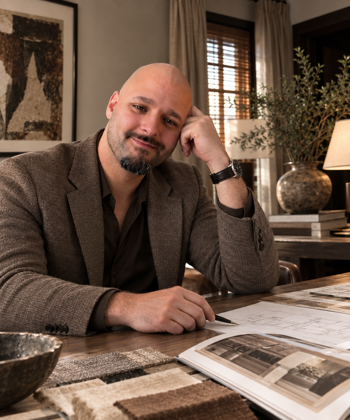 Man sitting at a table with architectural plans and design samples in a cozy, well-decorated room.